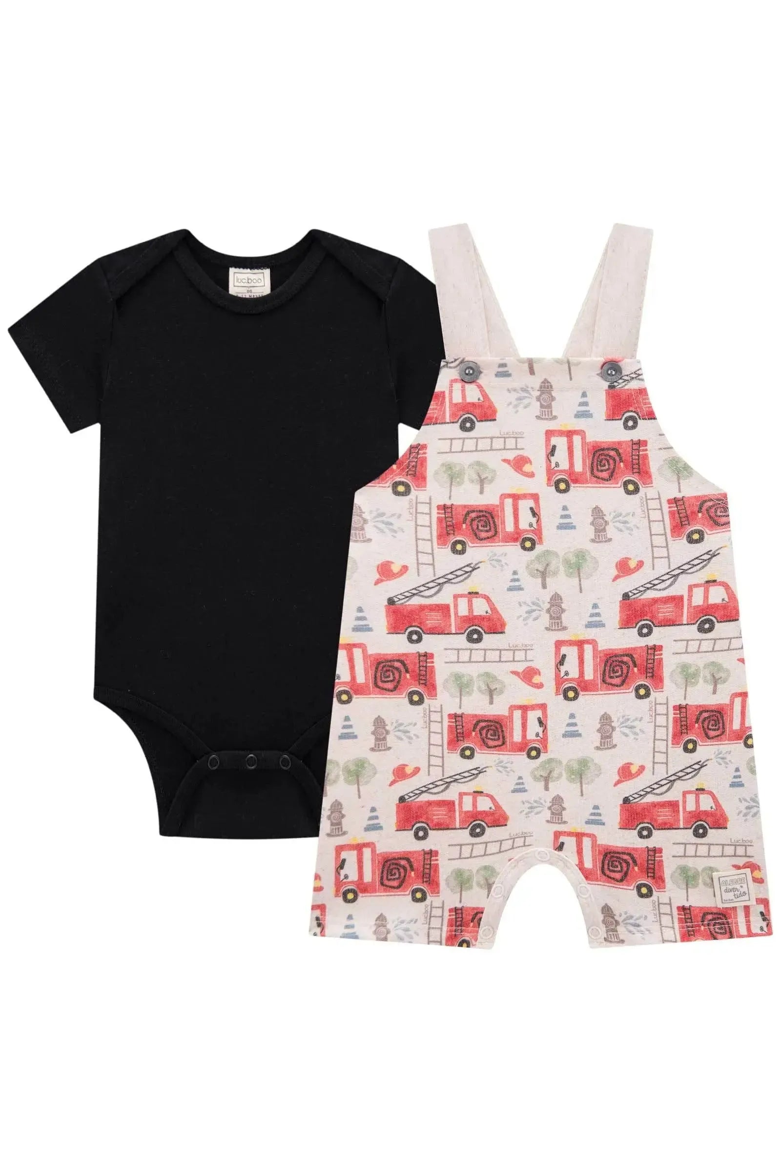 Conjunto de Body em Ribana 1x1 e Jardineira em Moletom sem Pelúcia 83845 LucBoo Bebê Menino