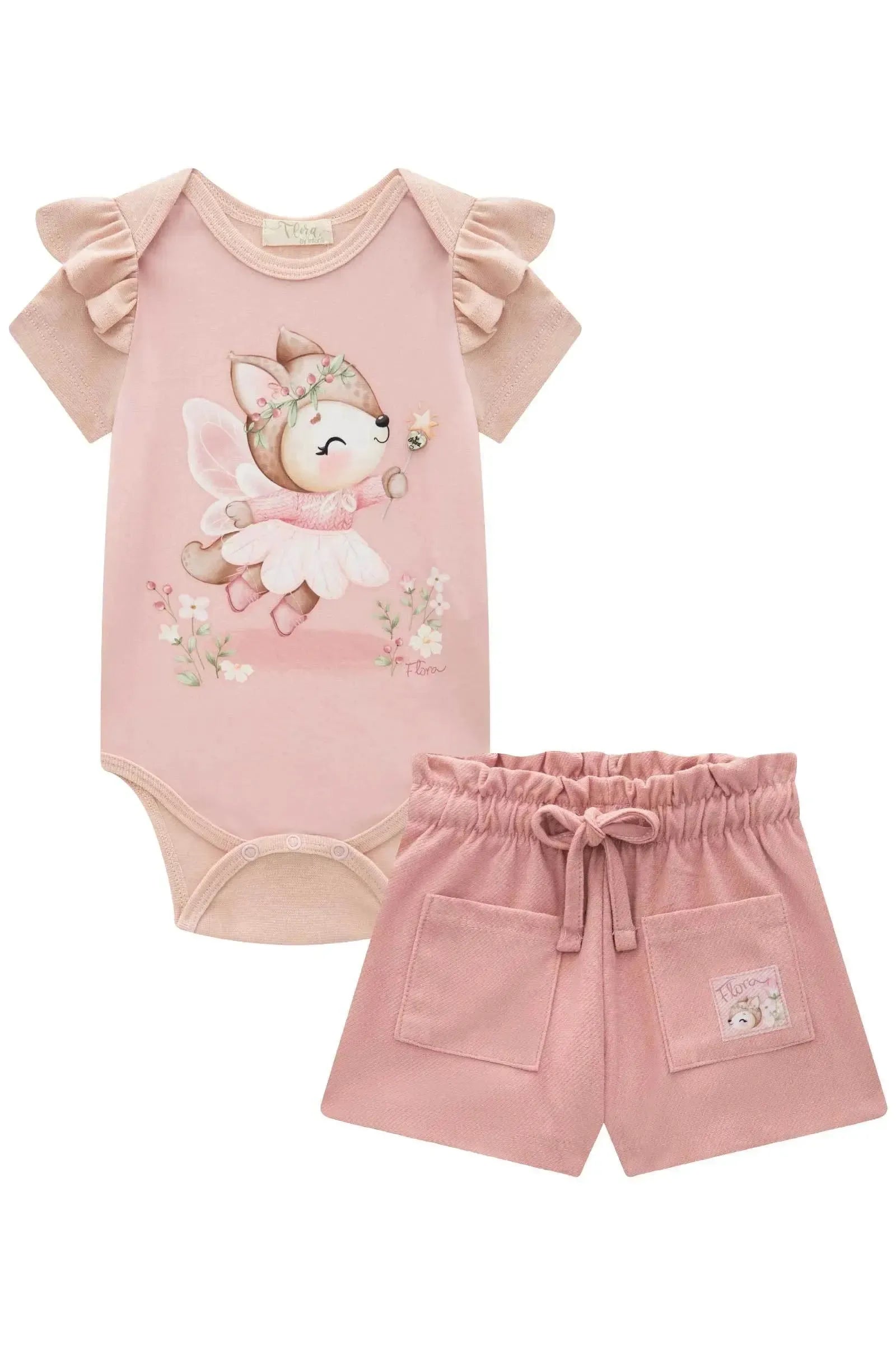Conjunto de Body em Ribana Canelada com Shorts em Cotton Jeans 93422 Infanti Bebê Menina