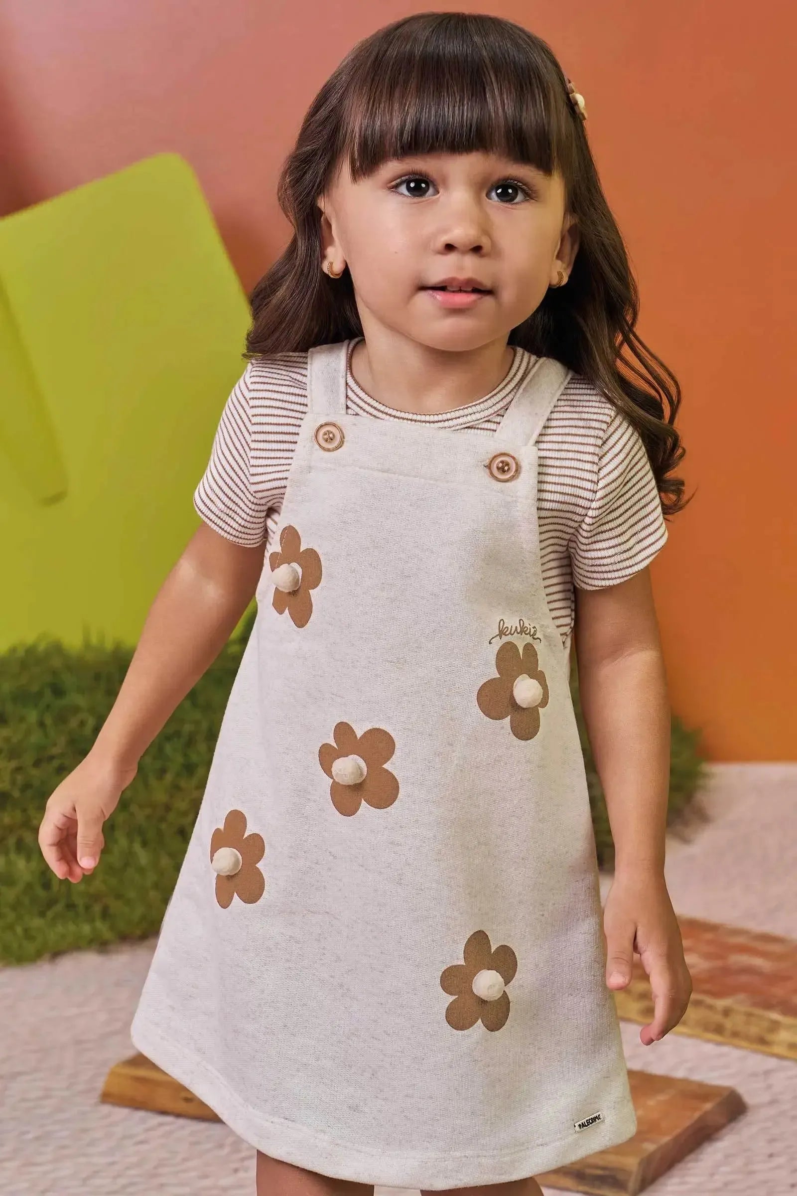Conjunto de Body em Ribana Canelada e Salopete em Moletom Linho 99710 Kukiê Bebê Menina