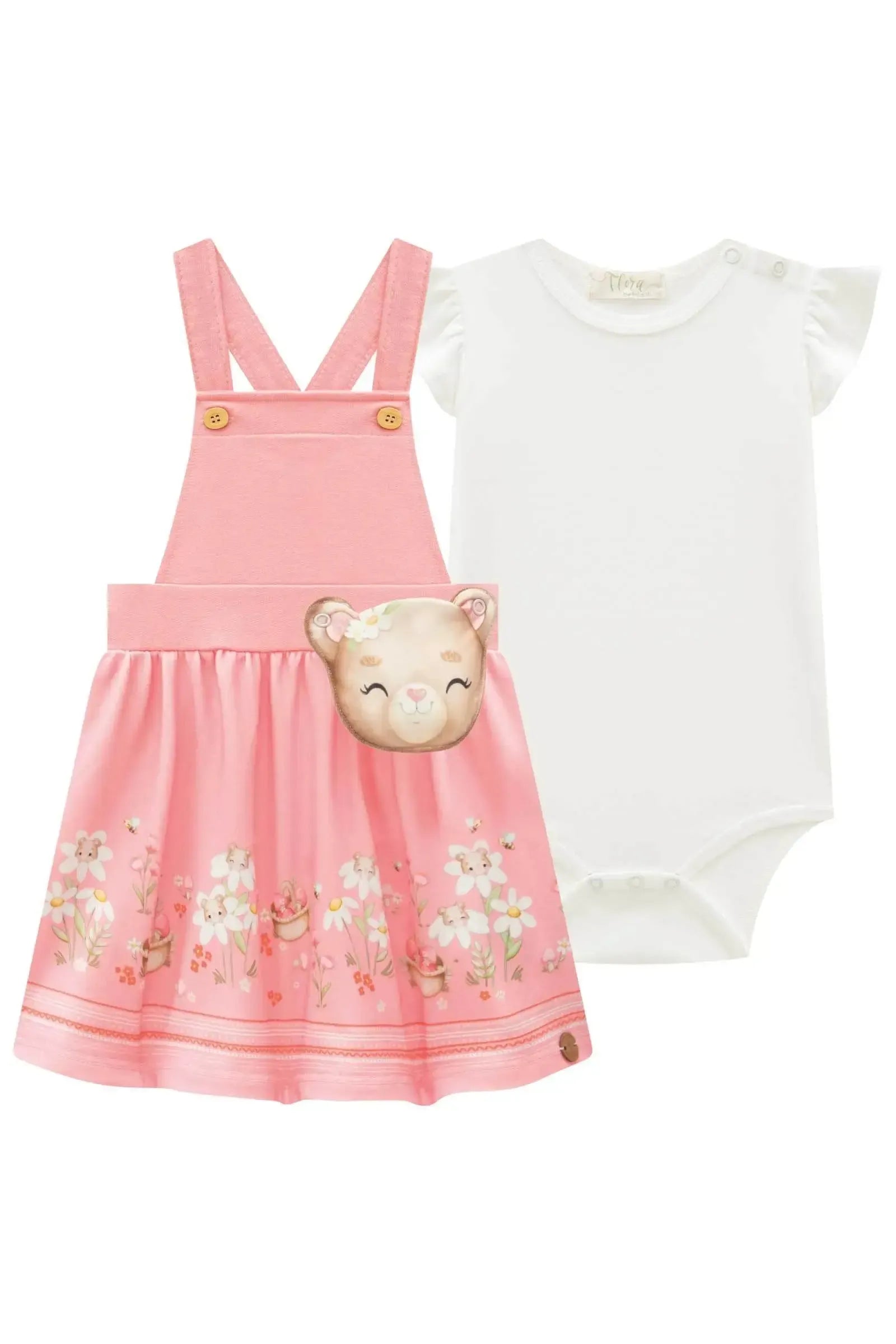 Conjunto de Body em Ribana Canelada e Salopete em Moletom sem Pelúcia 83155 Infanti Bebê Menina