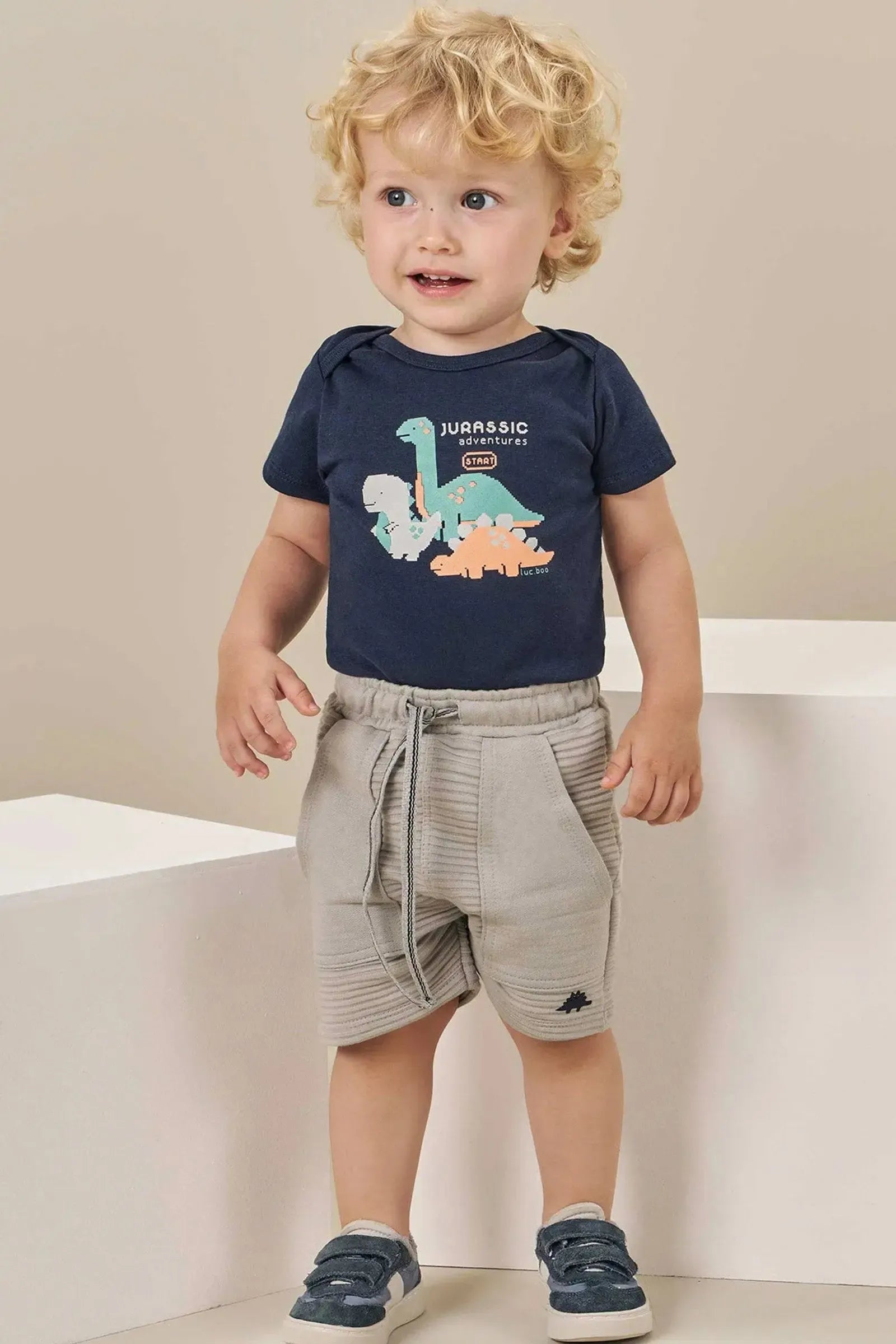 Conjunto de Body em Ribana e Bermuda em Moletom sem Pelúcia 84580 LucBoo Bebê Menino