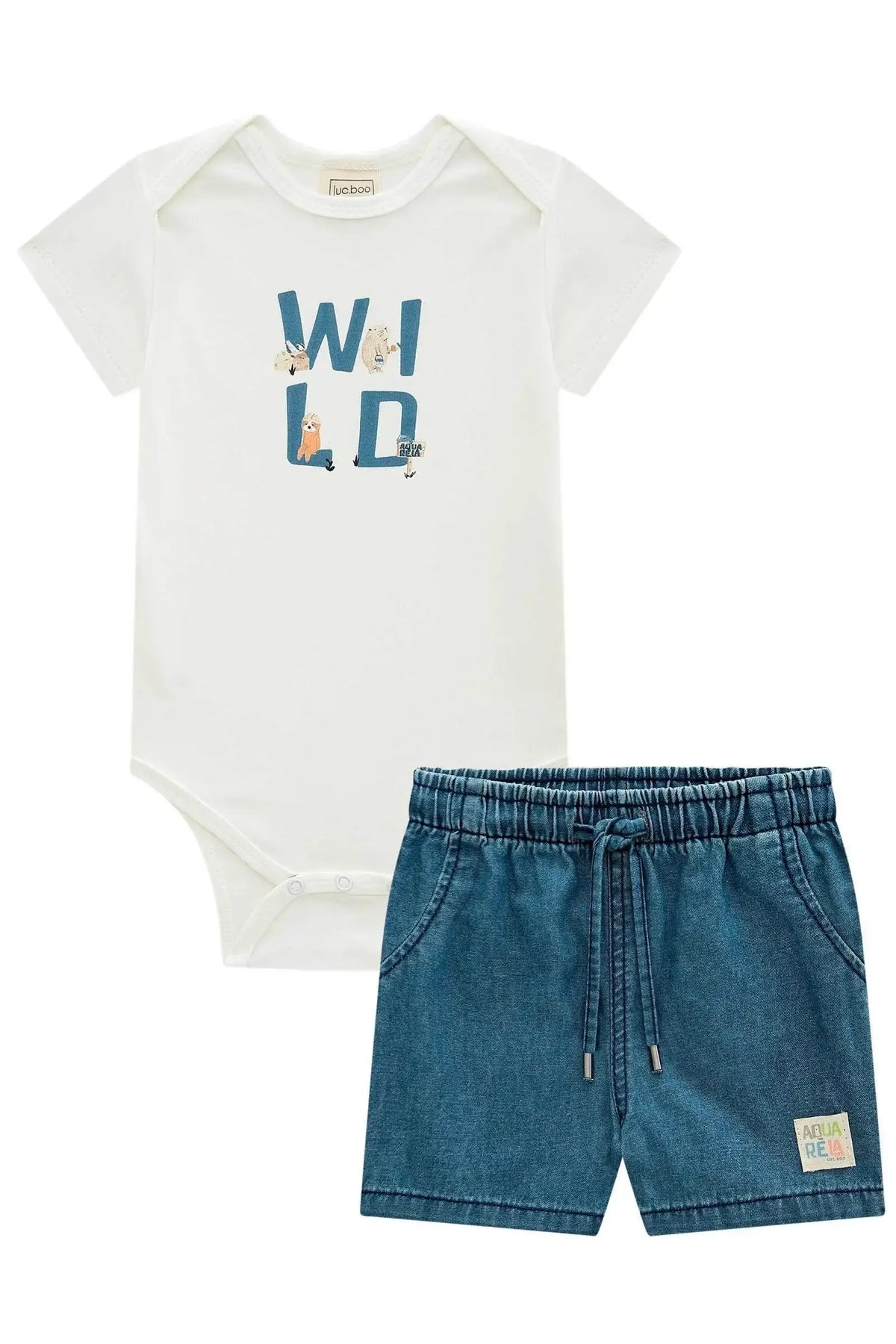 Conjunto de Body em Suedine e Bermuda em Jeans Teca 98124 LucBoo Bebê Menino