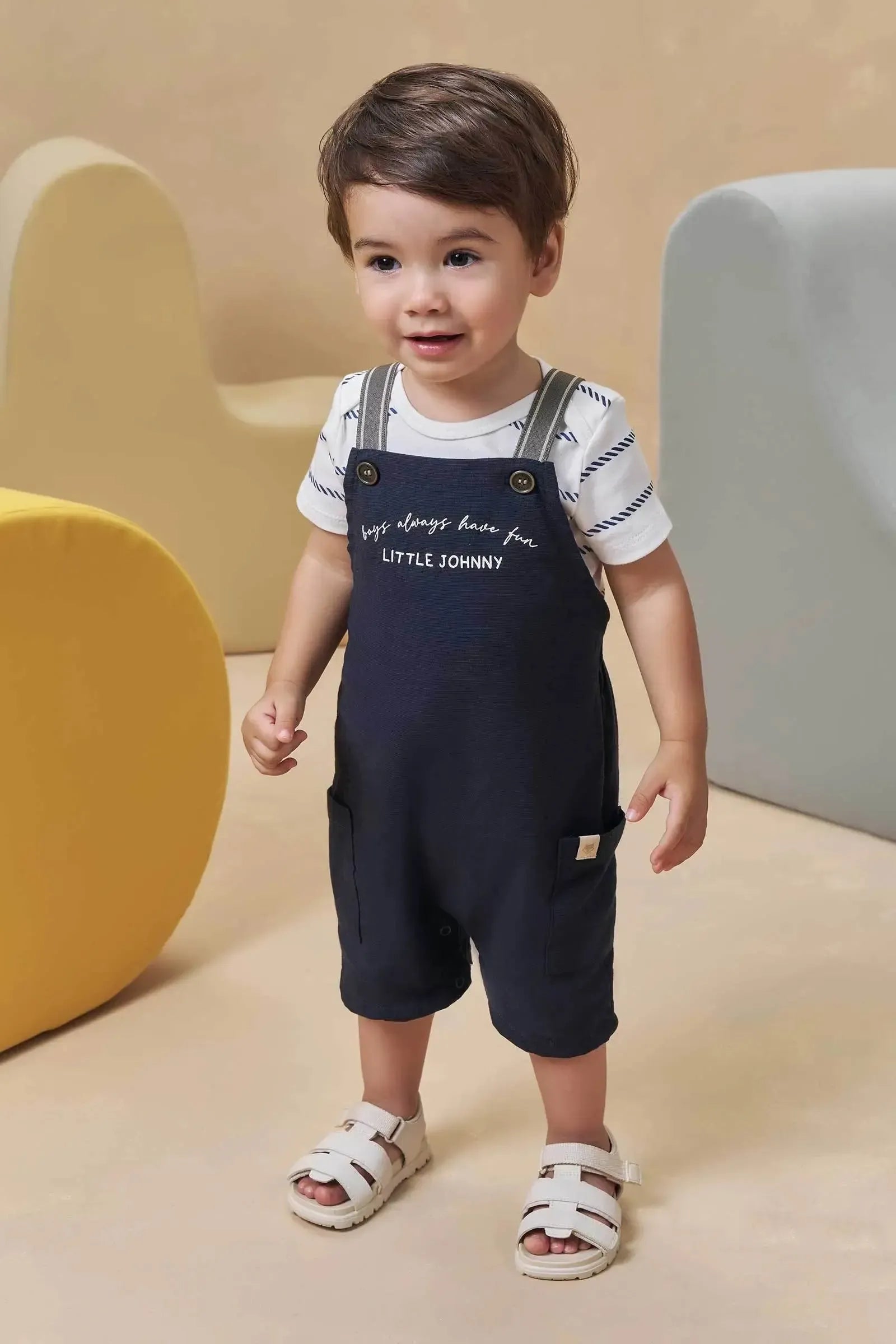 Conjunto de Body em Suedine e Jardineira em Linho Santorine com Elastano 94838 Johnny Fox Bebê Menino