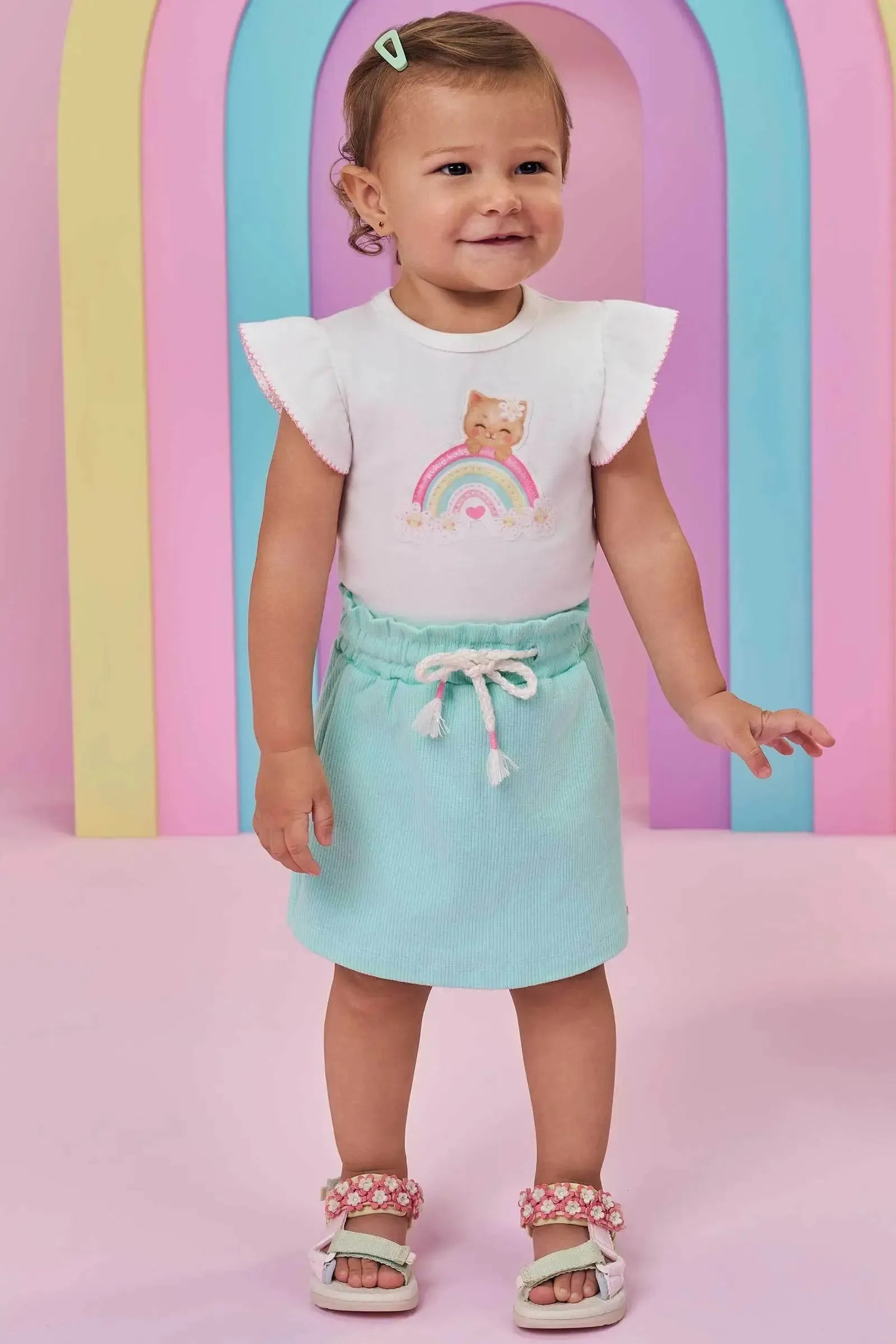 Conjunto de Body em Suedine e Short Saia em Canelado 98040 Kukiê Bebê Menina