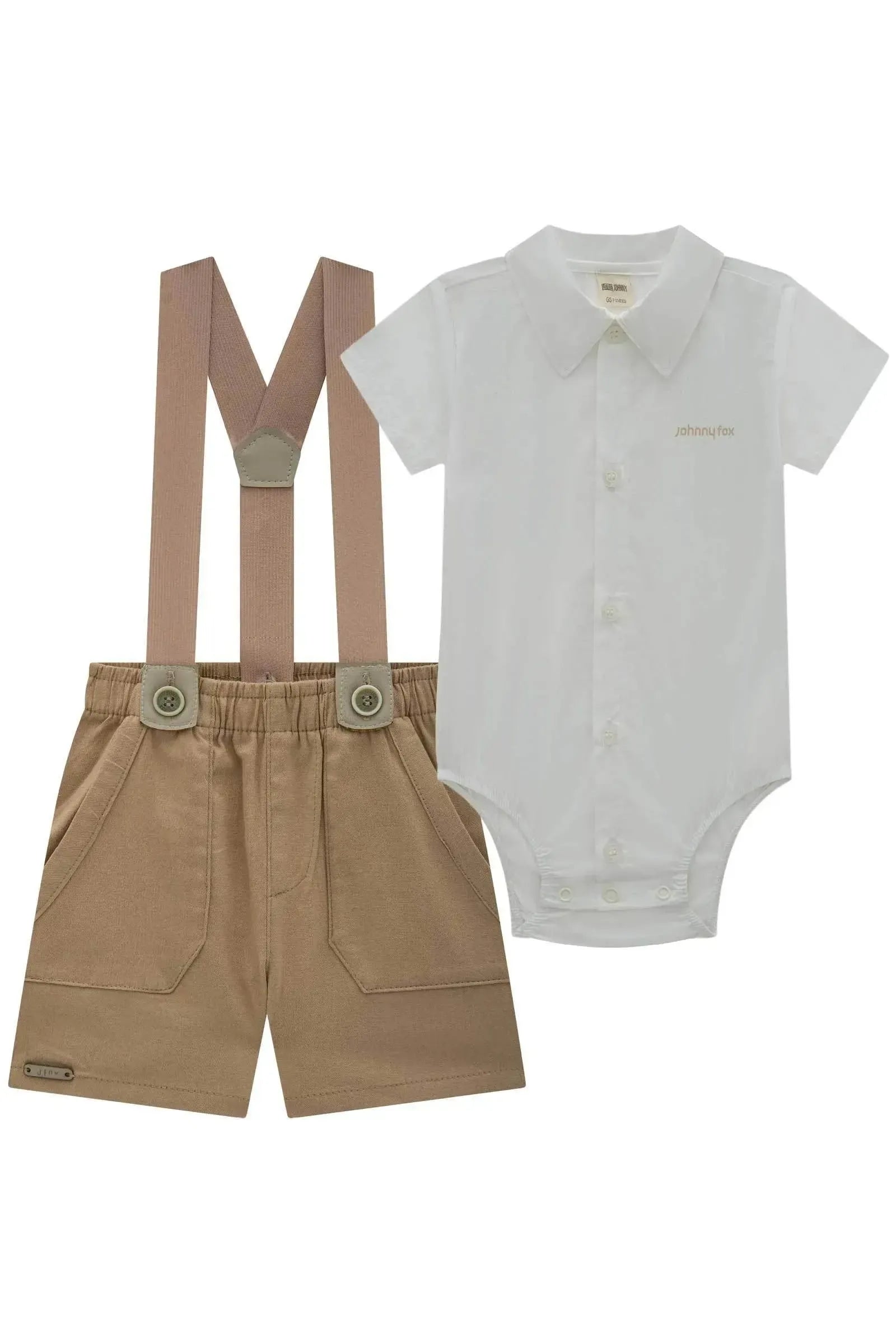 Conjunto de Body em Tricoline com Elastano e Bermuda em Linho Santorine com Suspensório 84943 Johnny Fox Bebê Menino