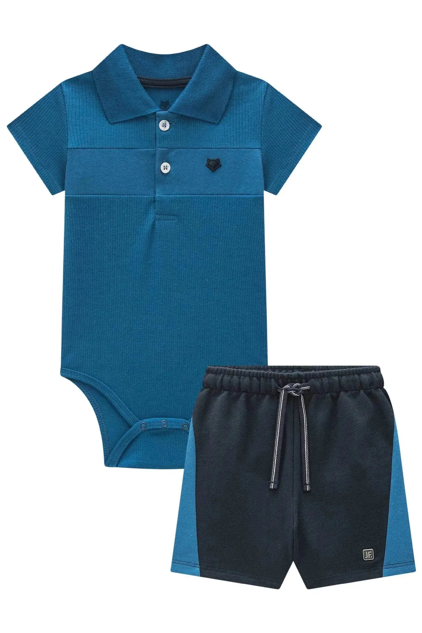 Conjunto de Body Polo em Canelado e Bermuda em Moletom sem Pelúcia 99254 Johnny Fox Bebê Menino
