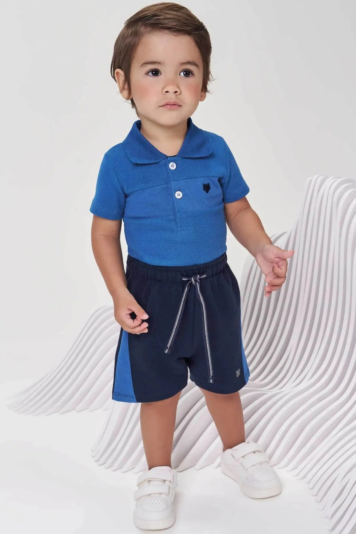 Conjunto de Body Polo em Canelado e Bermuda em Moletom sem Pelúcia 99254 Johnny Fox Bebê Menino