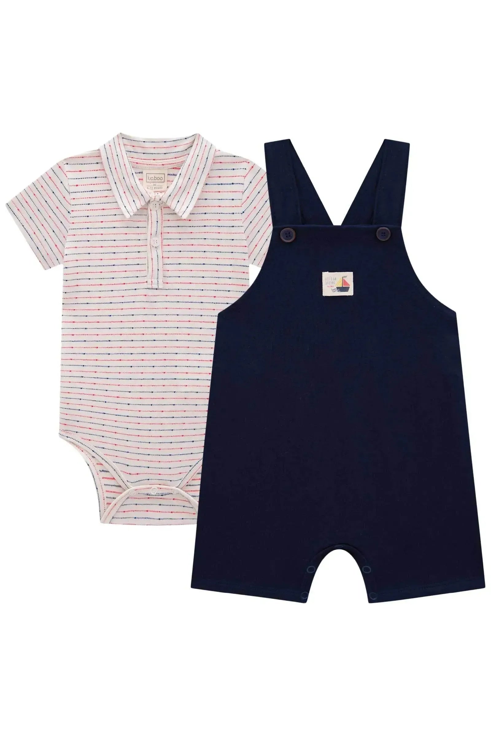 Conjunto de Body Polo em Malha Listrada Fio Tinto e Jardineira em Moletom sem Pelúcia 82919 LucBoo Bebê Menino