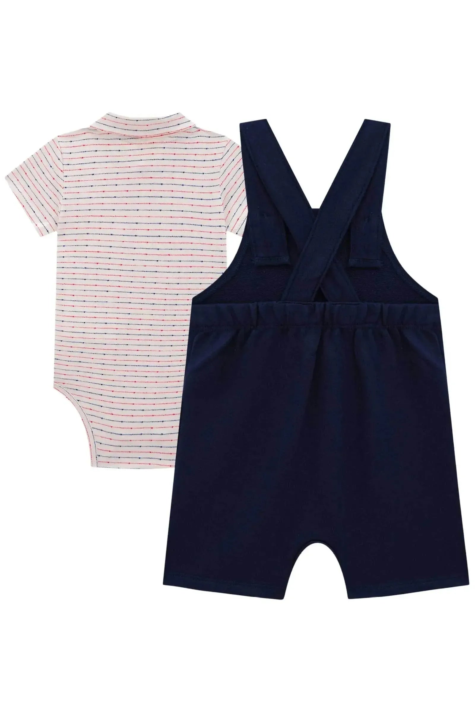 Conjunto de Body Polo em Malha Listrada Fio Tinto e Jardineira em Moletom sem Pelúcia 82919 LucBoo Bebê Menino