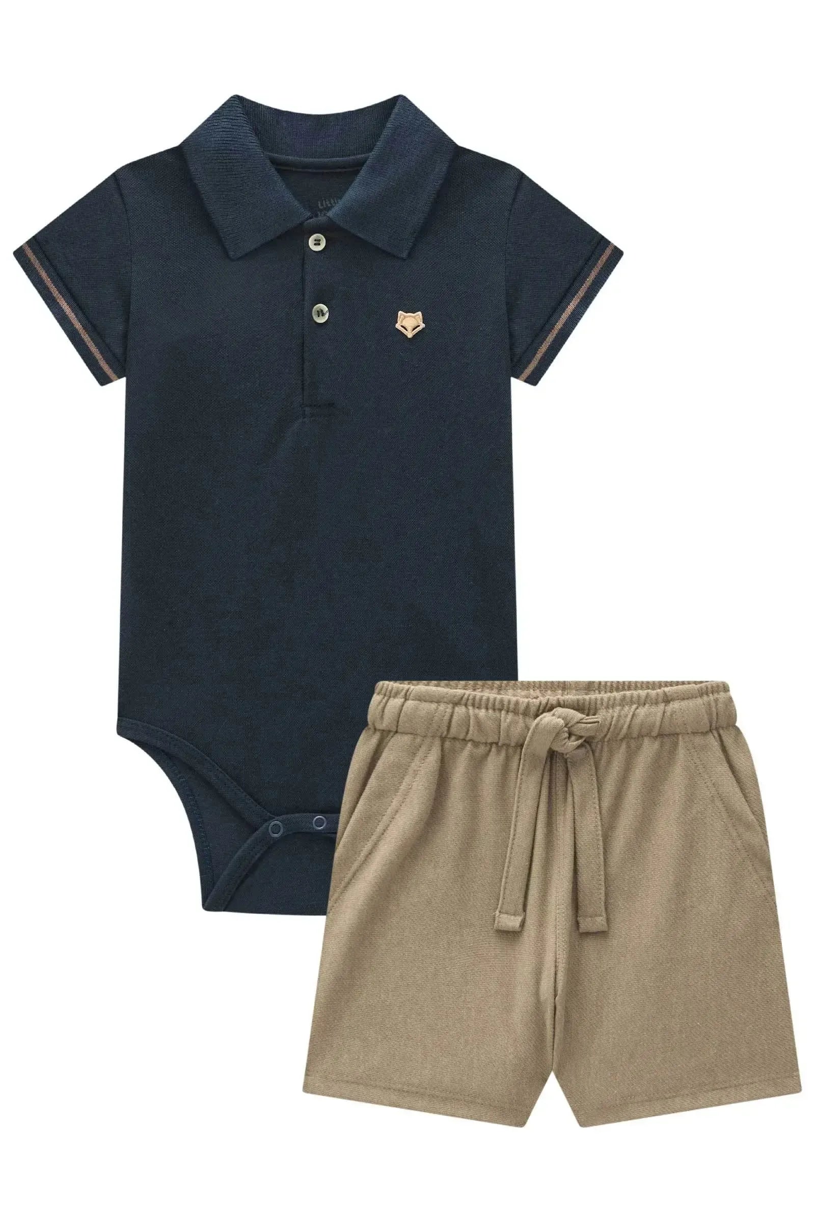 Conjunto de Body Polo em Piquet com Elastano e Bermuda em Cotton Jeans com Elastano 99412 Johnny Fox Bebê Menino
