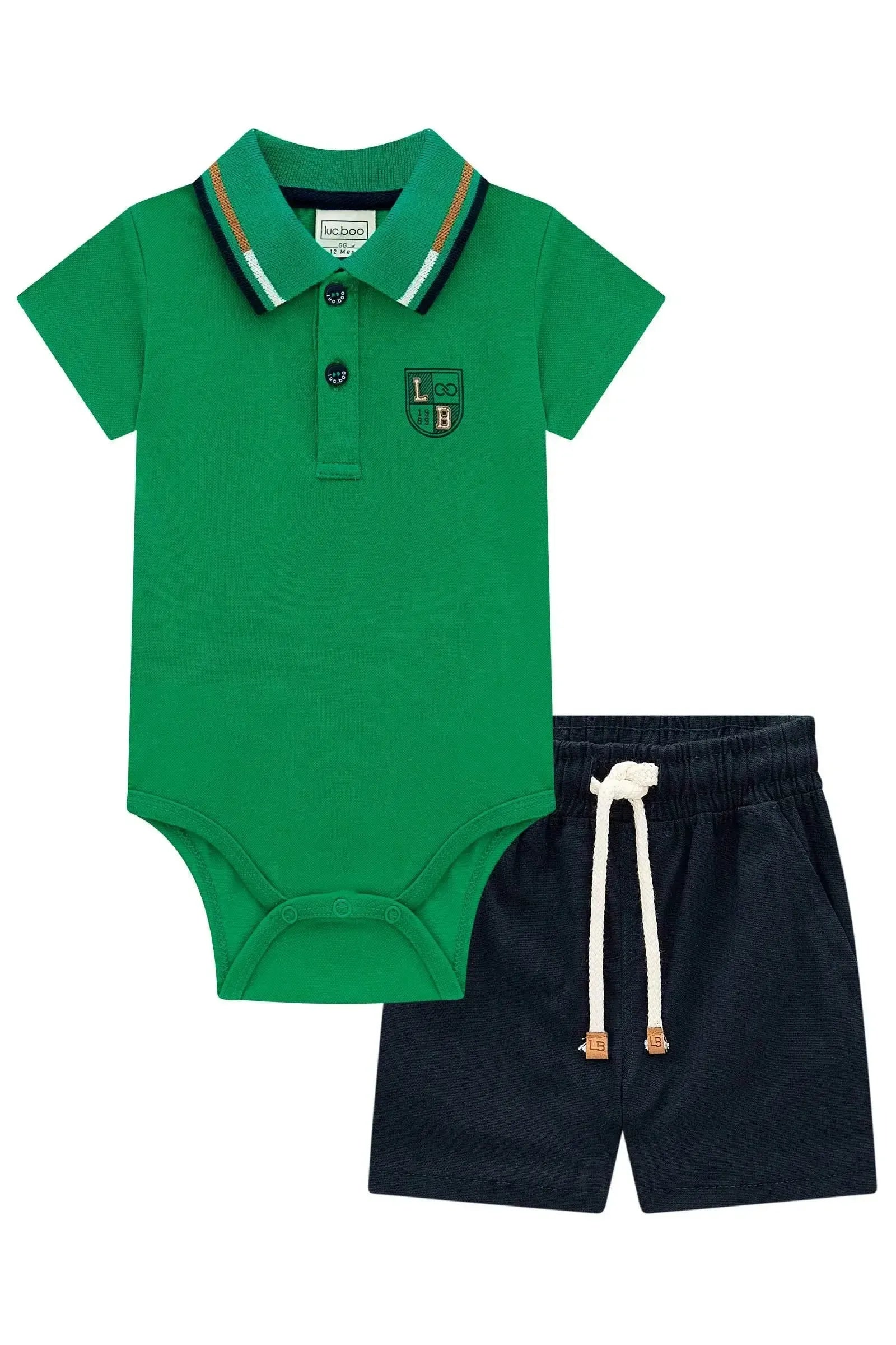 Conjunto de Body Polo em Piquet com Elastano e Bermuda em Linho Santorine com Elastano 98005 LucBoo Bebê Menino