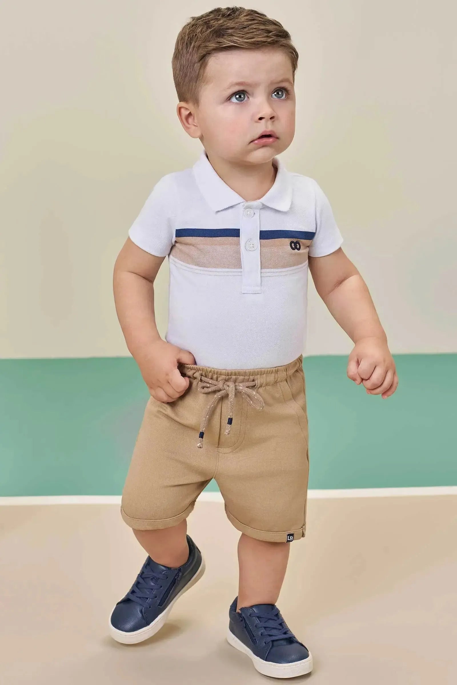 Conjunto de Body Polo em Piquet com Elastano e Bermuda em Malha Alfaiataria com Elastano 97984 LucBoo Bebê Menino