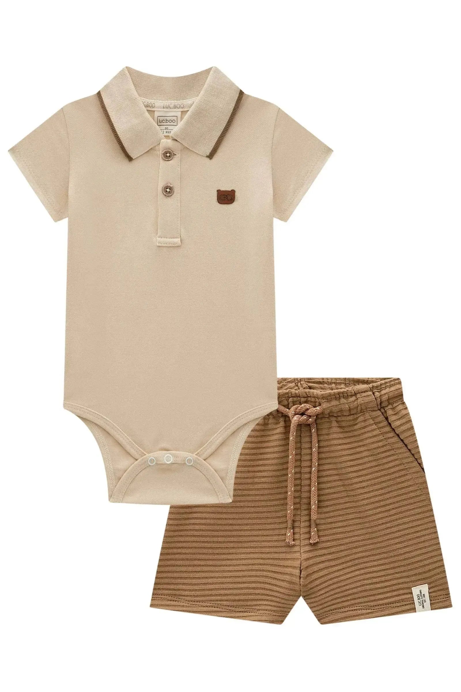 Conjunto de Body Polo em Piquet com Elastano e Bermuda em Moletom Relevo 98022 LucBoo Bebê Menino