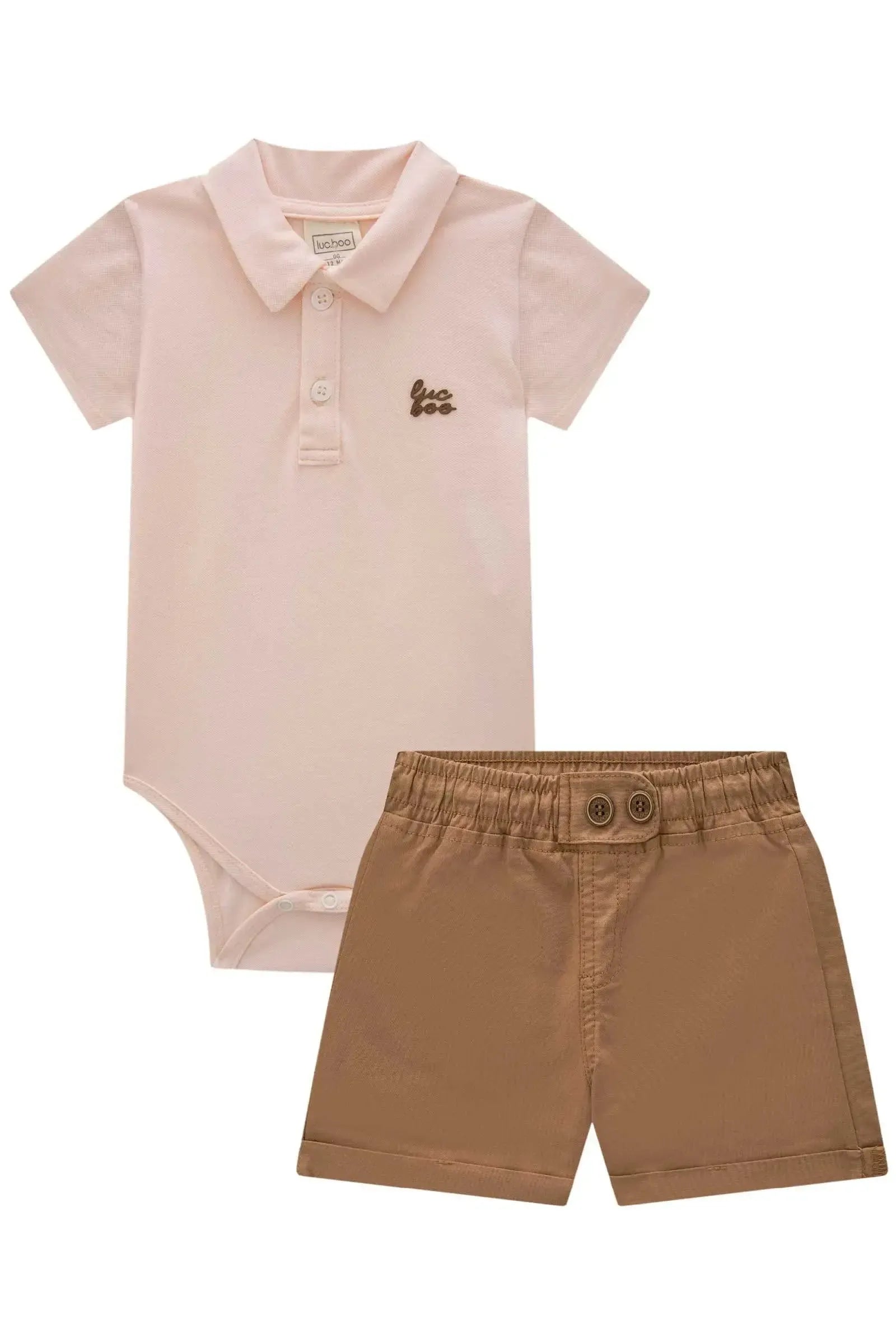 Conjunto de Body Polo em Piquet com Elastano e Bermuda em Sarja Caribe com Elastano 83170 LucBoo Bebê Menino