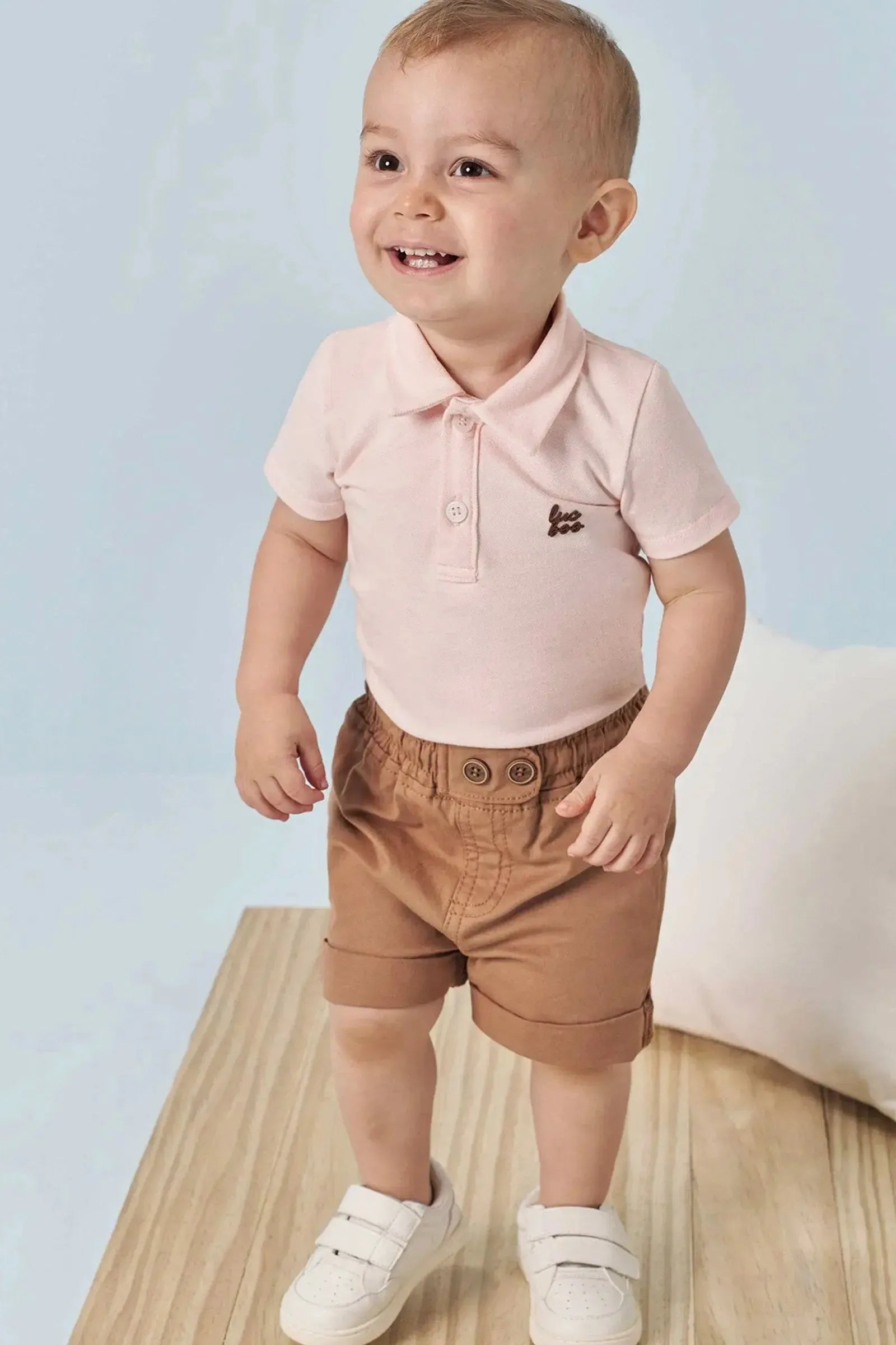 Conjunto de Body Polo em Piquet com Elastano e Bermuda em Sarja Caribe com Elastano 83170 LucBoo Bebê Menino