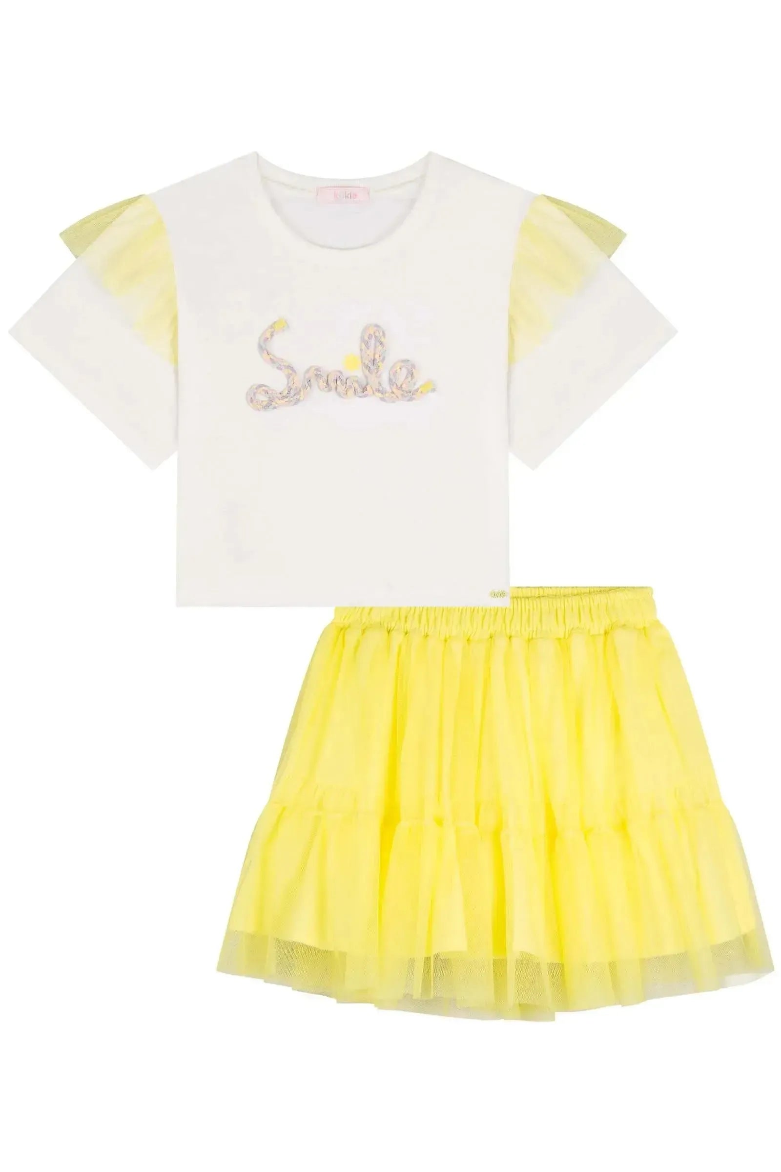 Conjunto de Boxy Over em Malha Favo e Saia em Tule (com Shorts Embutido) 83486 Kukiê Infantil Menina