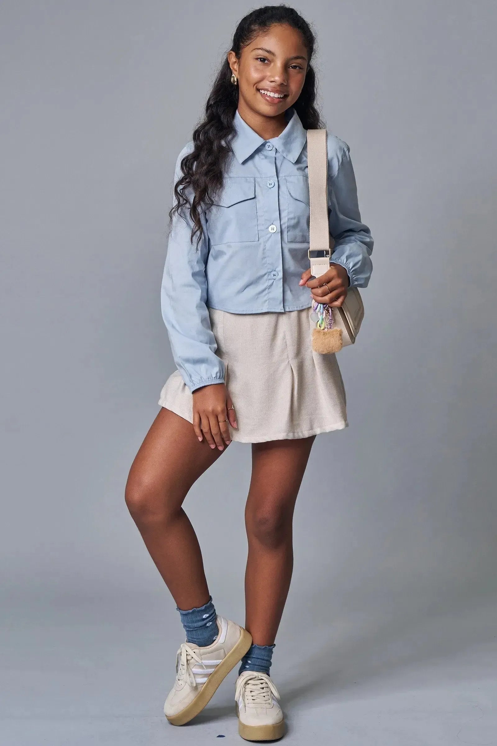 Conjunto de Camisa Boxy em Tricoline com Elastano e Short Saia em Sarja com Elastano 90736 Lilimoon Teen Menina