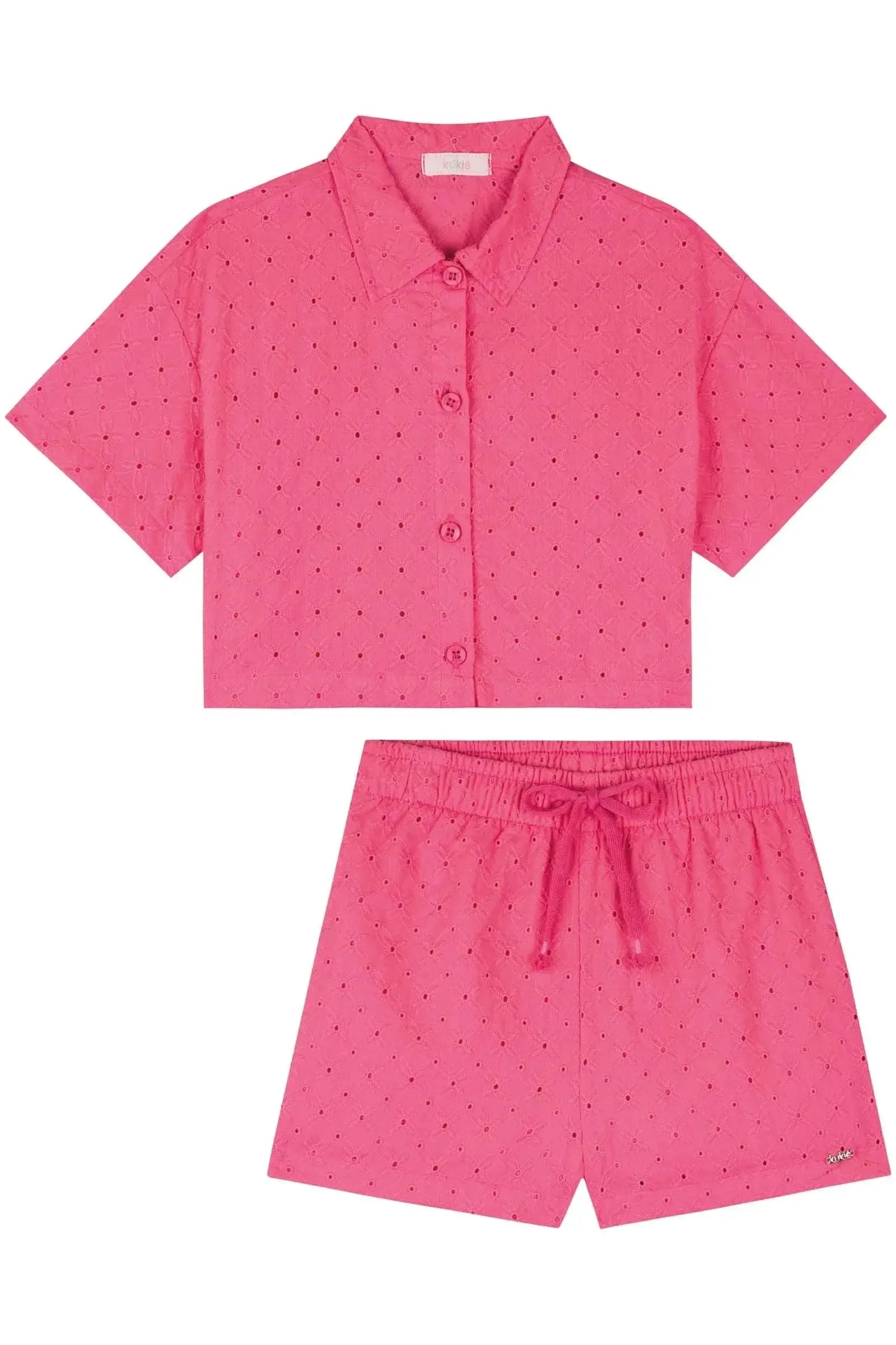 Conjunto de Camisa Cropped e Shorts em Laise Verano 84576 Kukiê Infantil Menina