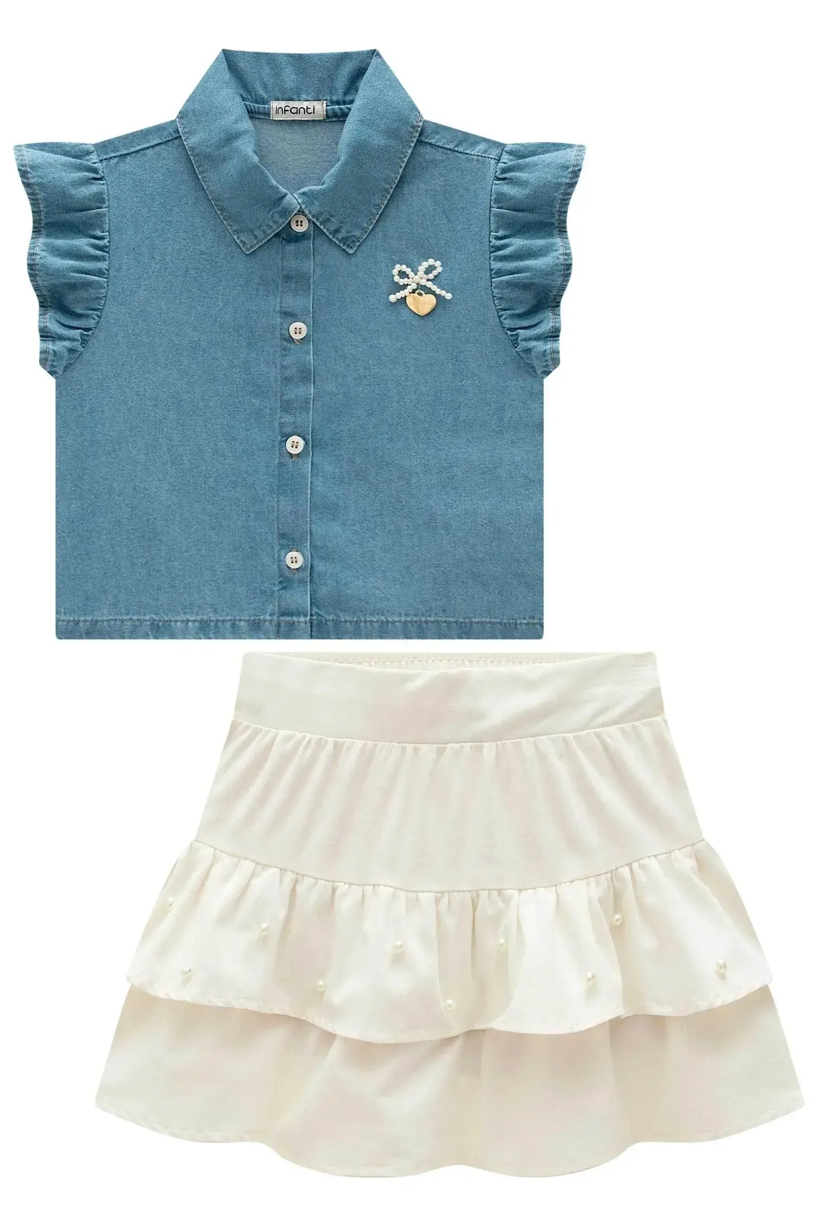 Conjunto de Camisa em Jeans e Saia em Sarja com Elastano. Com Short Embutido 98868 Infanti Infantil Menina