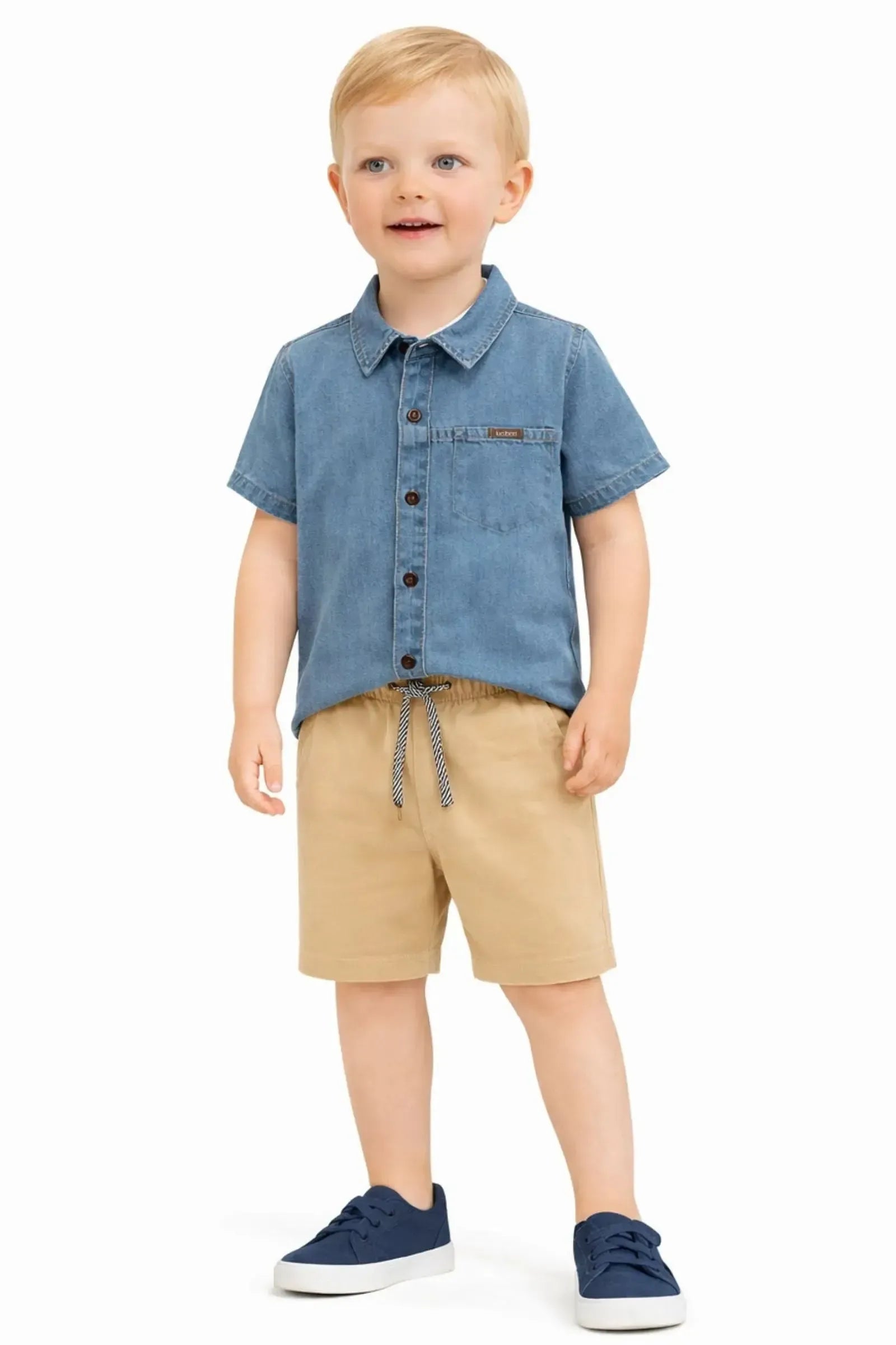 Conjunto de Camisa em Jeans Teka com Elastano e Bermuda em Sarja Girassol com Elastano 96229 LucBoo Infantil Menino