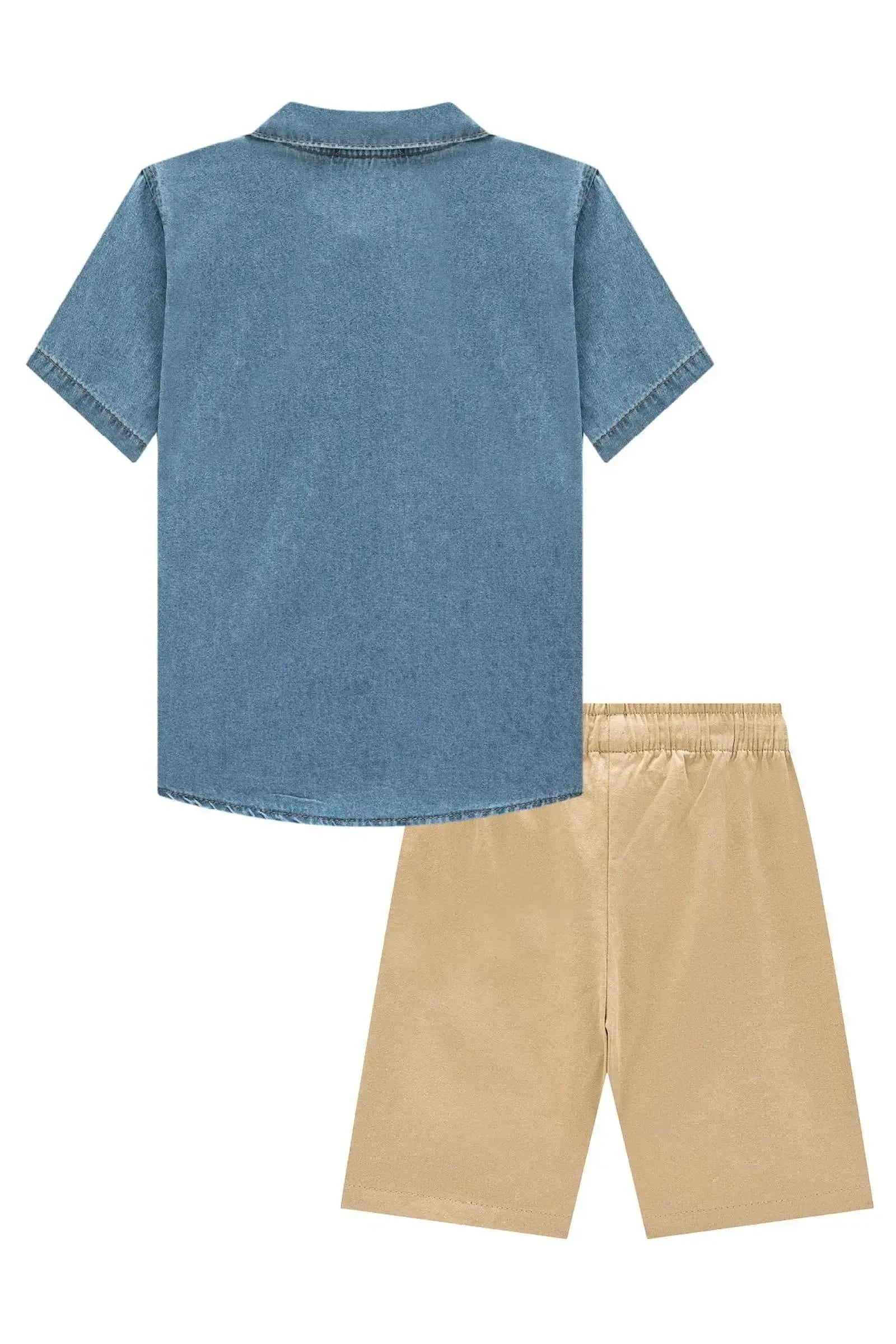 Conjunto de Camisa em Jeans Teka com Elastano e Bermuda em Sarja Girassol com Elastano 96229 LucBoo Infantil Menino
