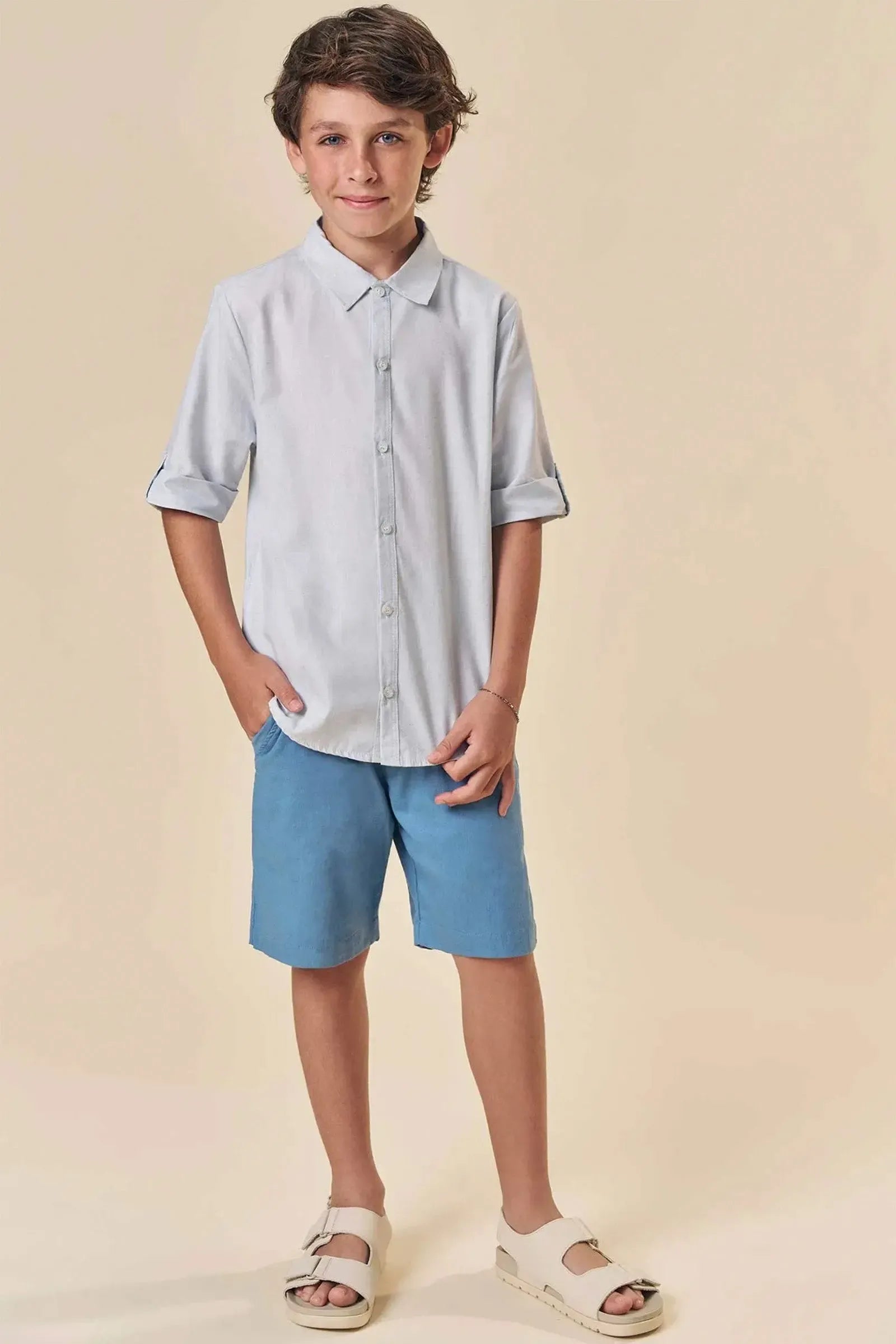 Conjunto de Camisa em Linho Deluxe e Bermuda em Linho Santorine com Elastano 84108 Johnny Fox Teen Menino