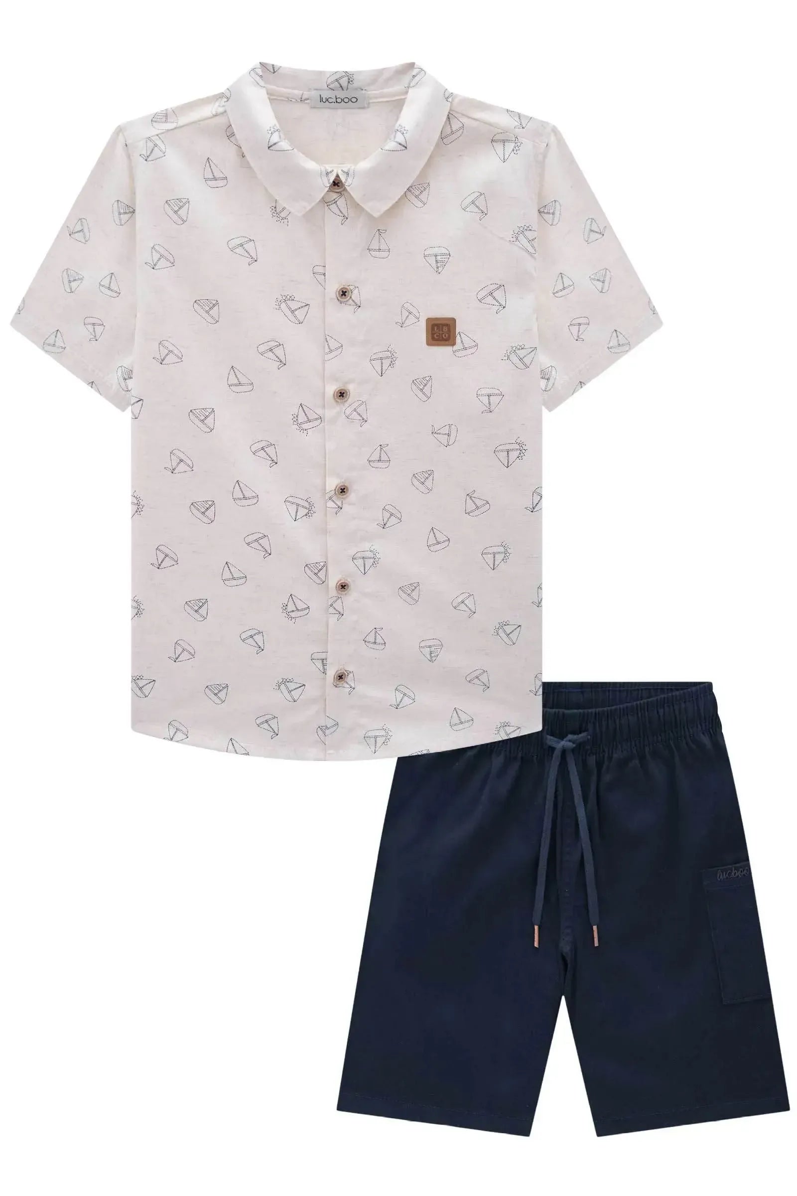 Conjunto de Camisa em Linho Deluxe e Bermuda em Sarja Caribe com Elastano 82842 LucBoo Infantil Menino