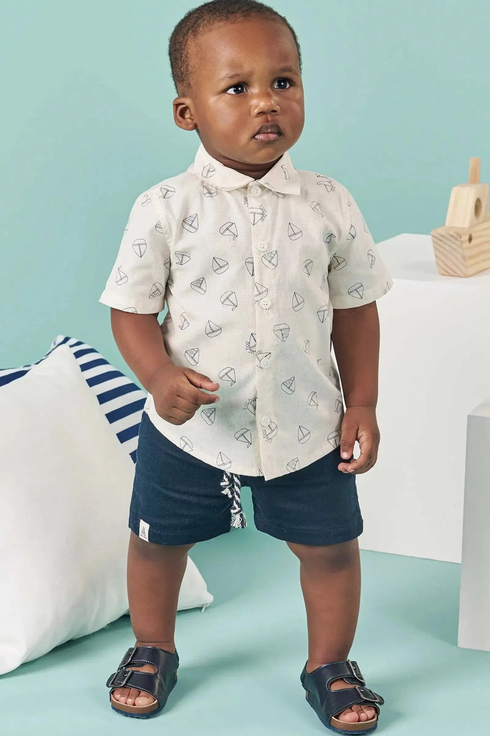 Conjunto de Camisa em Linho Deluxe e Bermuda em Sarja Caribe com Elastano 82963 LucBoo Bebê Menino