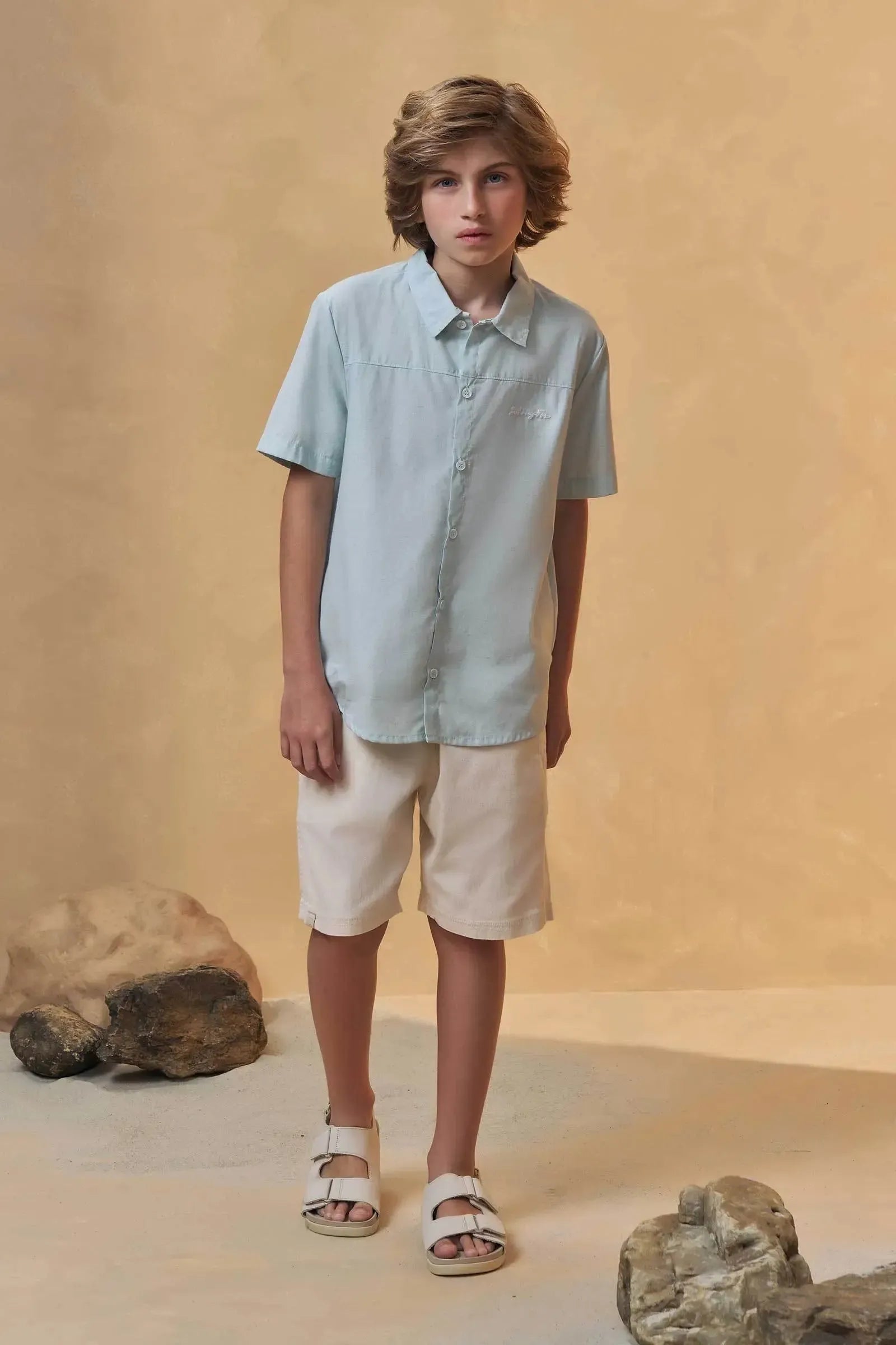 Conjunto de Camisa em Linho Deluxe e Bermuda em Sarja Girassol com Elastano 95760 Johnny Fox Teen Menino