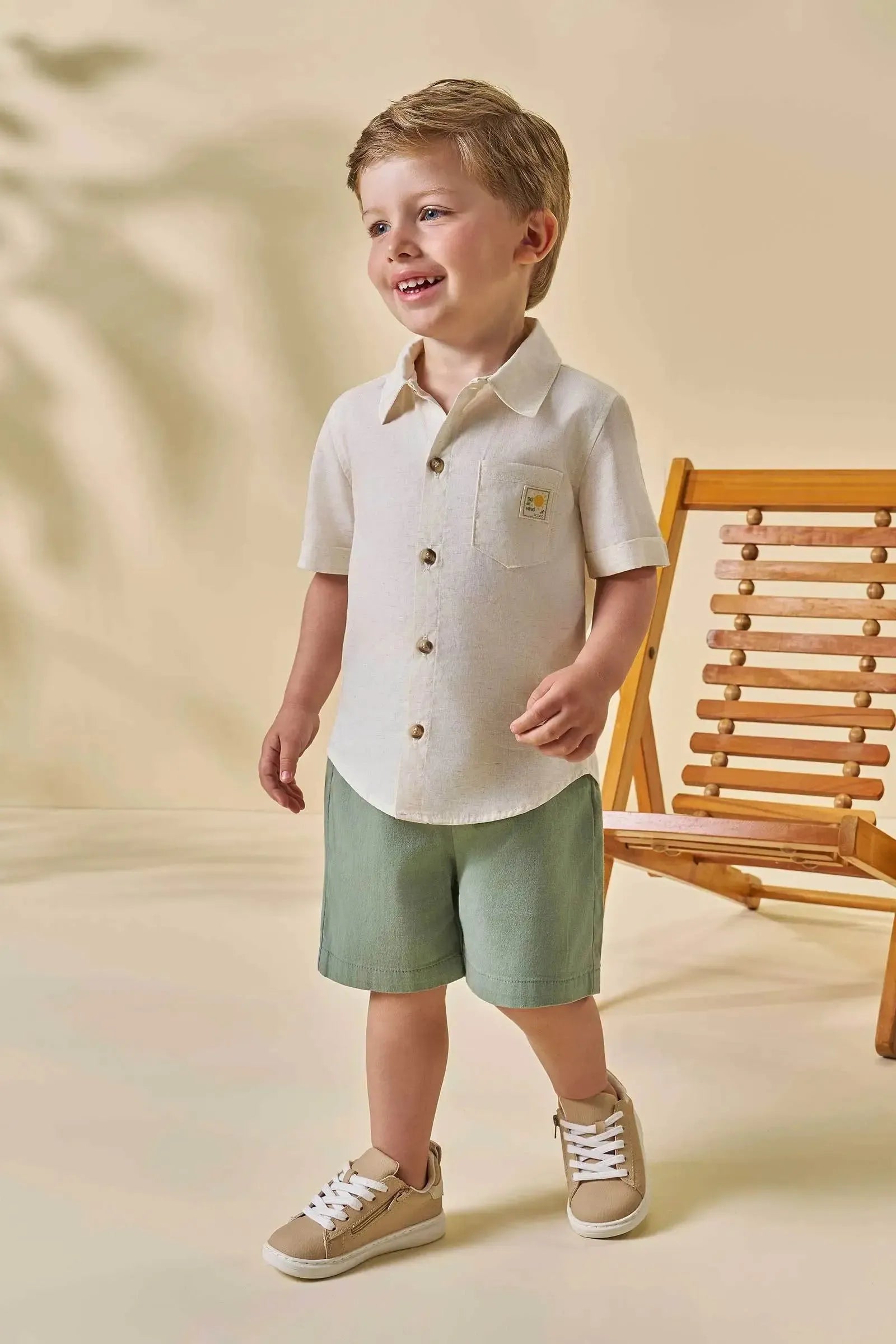 Conjunto de Camisa em Linho Deluxe e Bermuda em Sarja Stretch com Elastano 96403 LucBoo Infantil Menino