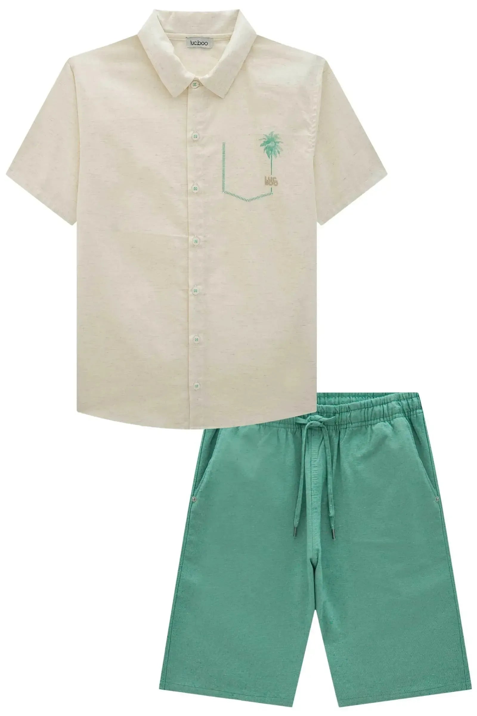 Conjunto de Camisa em Linho Deluxe e Bermuda em Tecido Kauai 87565 LucBoo Infantil Menino