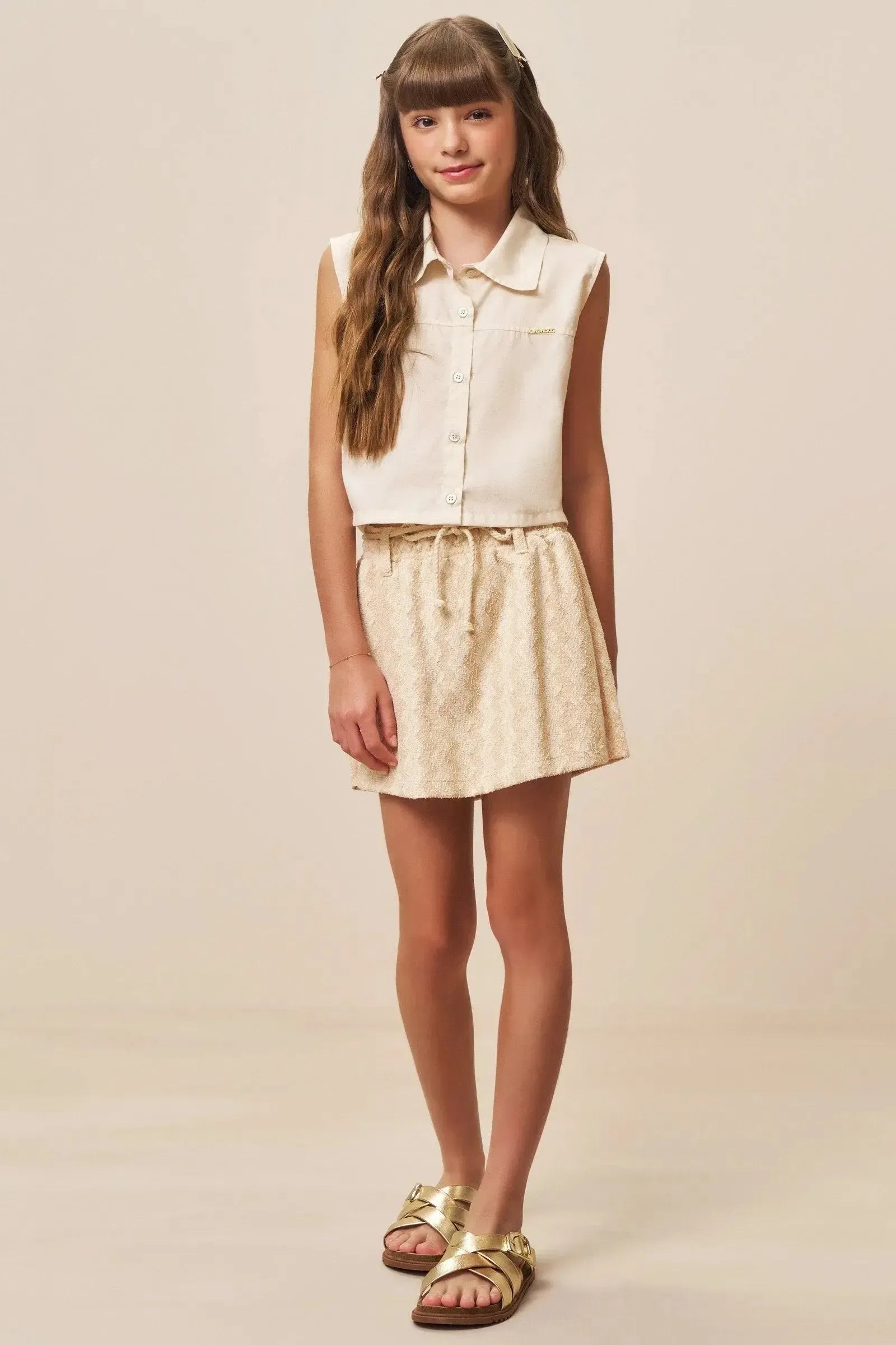 Conjunto de Camisa em Linho e Short Saia em Malha Resort 94412 Vic&Vicky Teen Menina