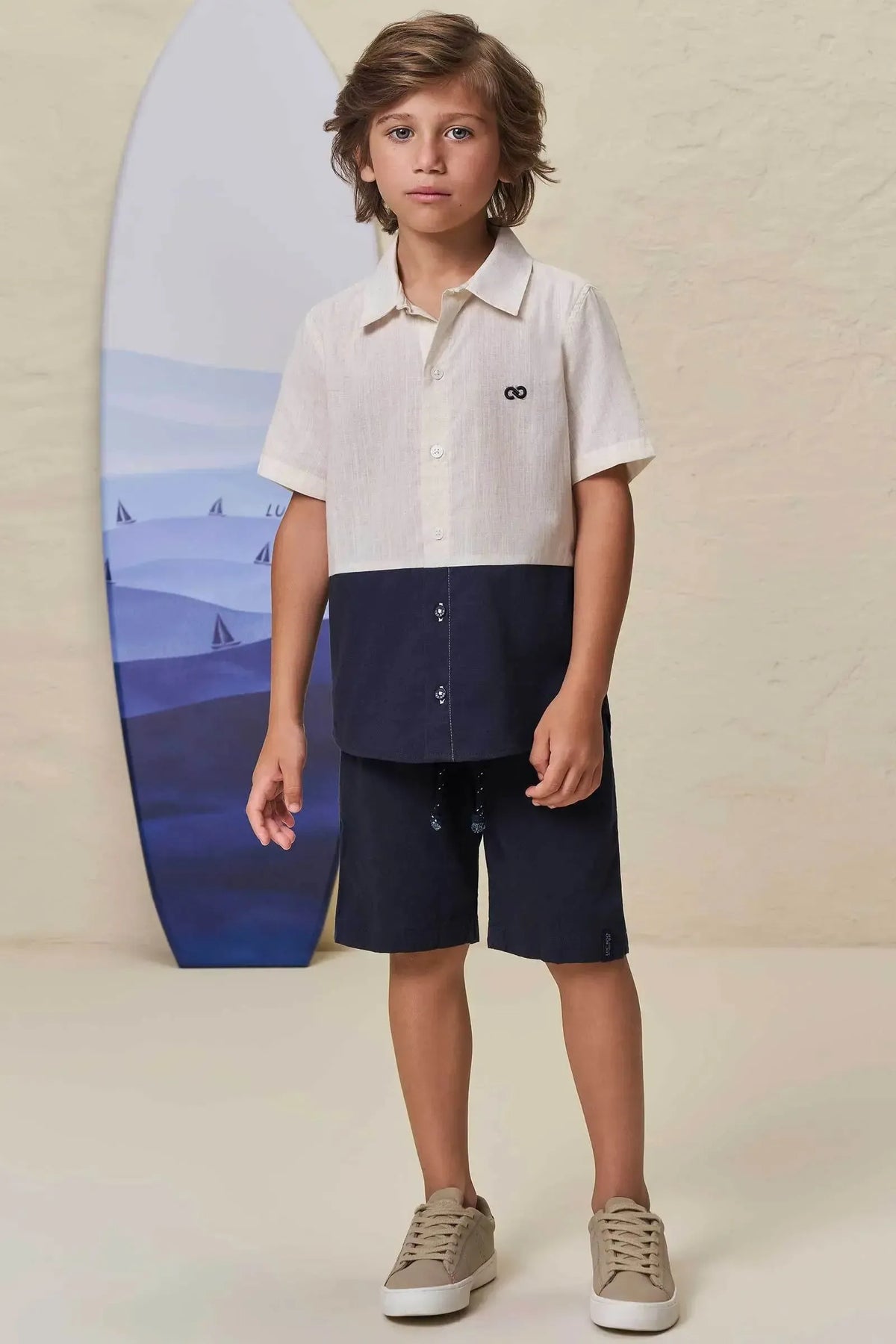 Conjunto de Camisa em Linho Verano e Bermuda em Linho Santorine com Elastano 99318 LucBoo Infantil Menino
