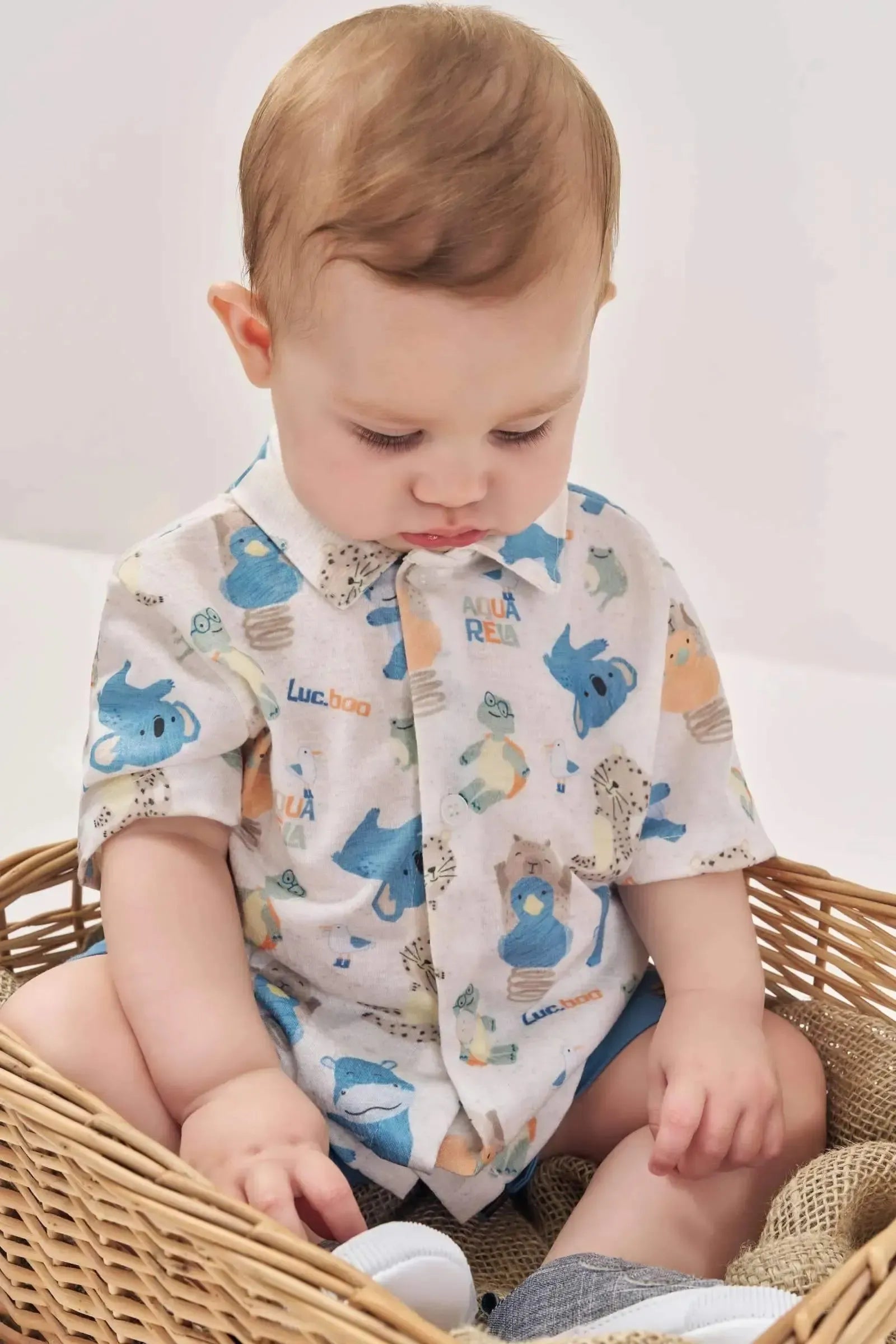 Conjunto de Camisa em Malha Wave e Bermuda em Sarja Onix Elastano 87860 LucBoo Bebê Menino
