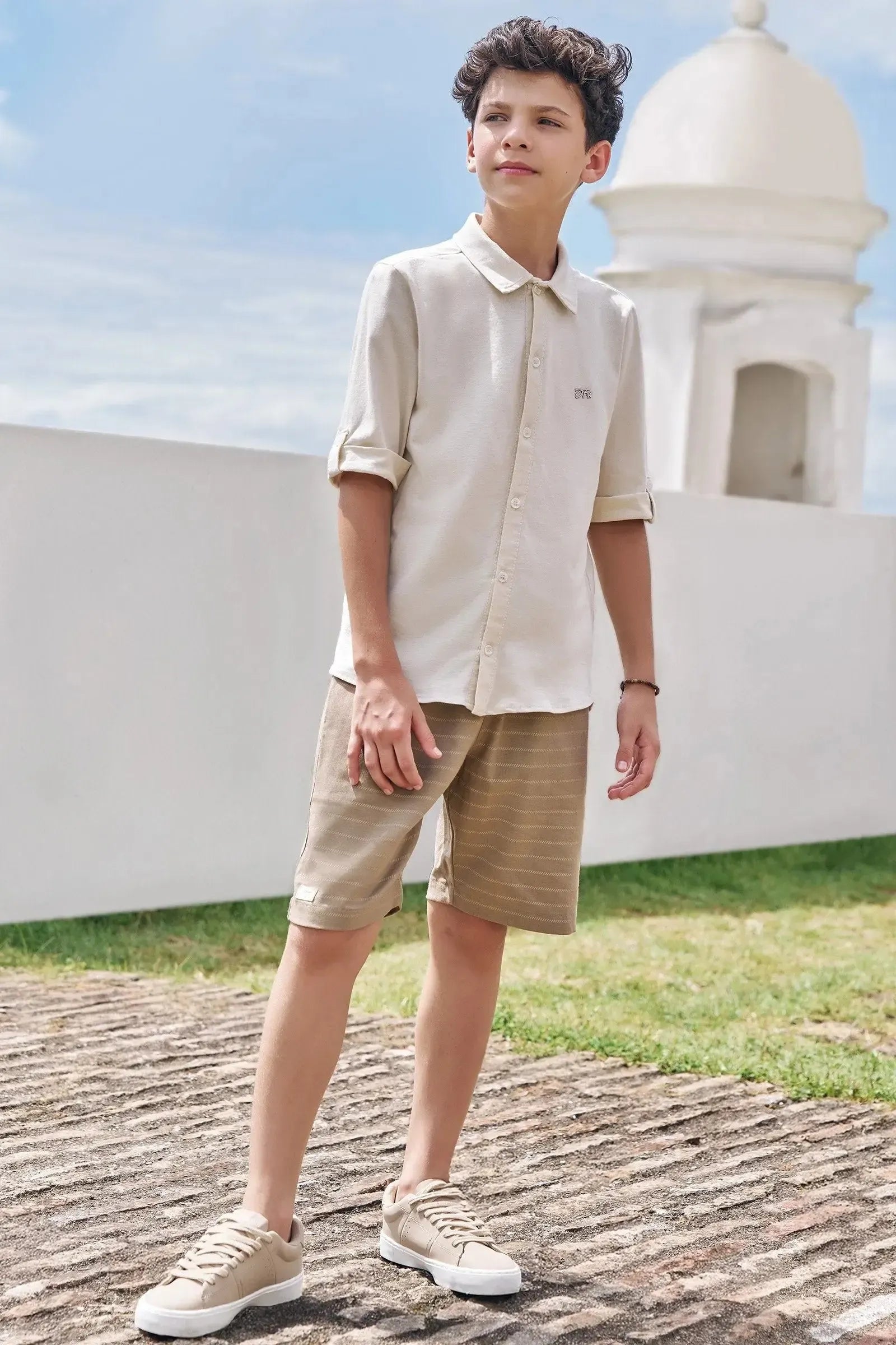 Conjunto de Camisa em Meia Malha e Bermuda em Linho Santorine com Elastano 87069 Johnny Fox Teen Menino