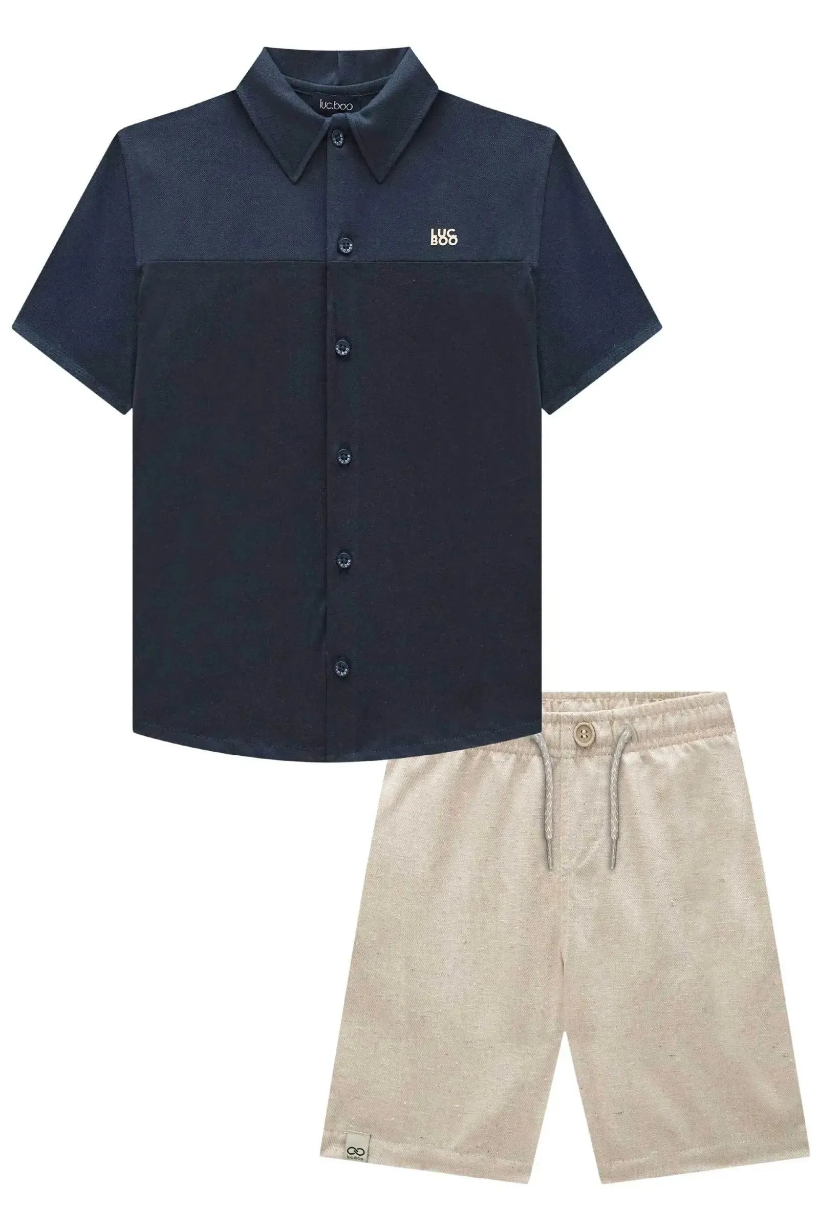 Conjunto de Camisa em Piquet com Elastano e Meia Malha e Bermuda em Tecido Sarjado 92425 LucBoo Infantil Menino