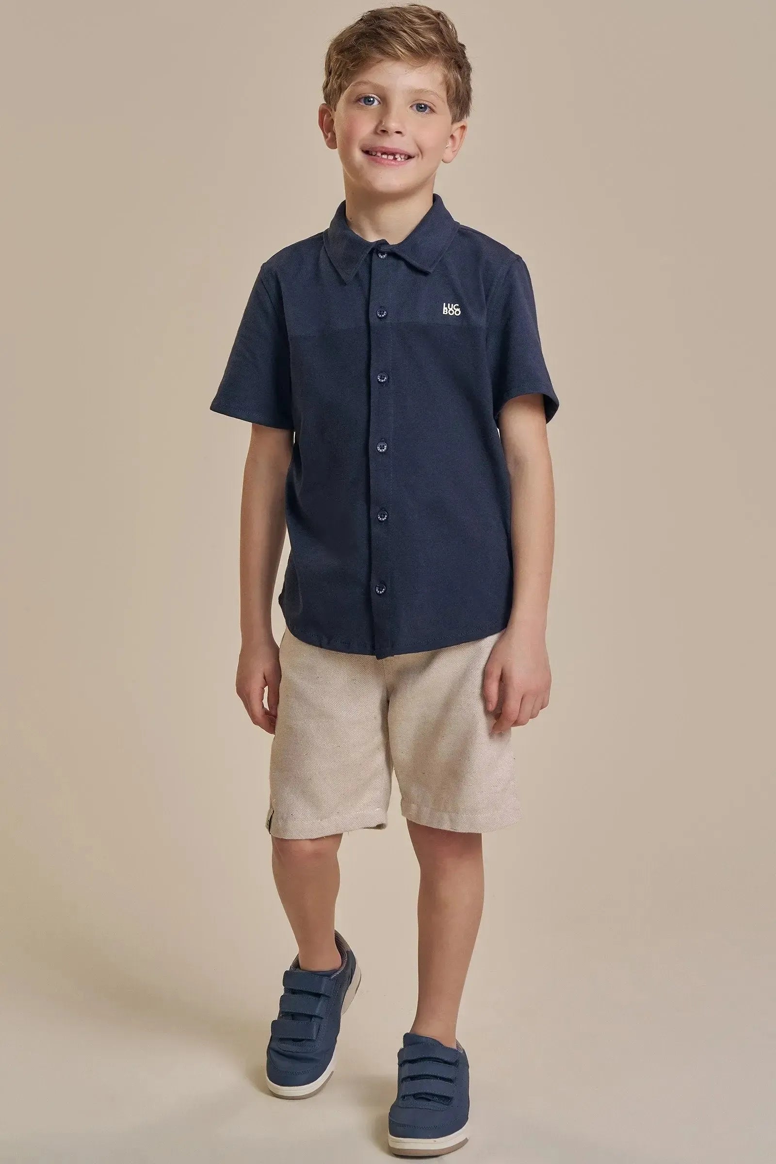 Conjunto de Camisa em Piquet com Elastano e Meia Malha e Bermuda em Tecido Sarjado 92425 LucBoo Infantil Menino