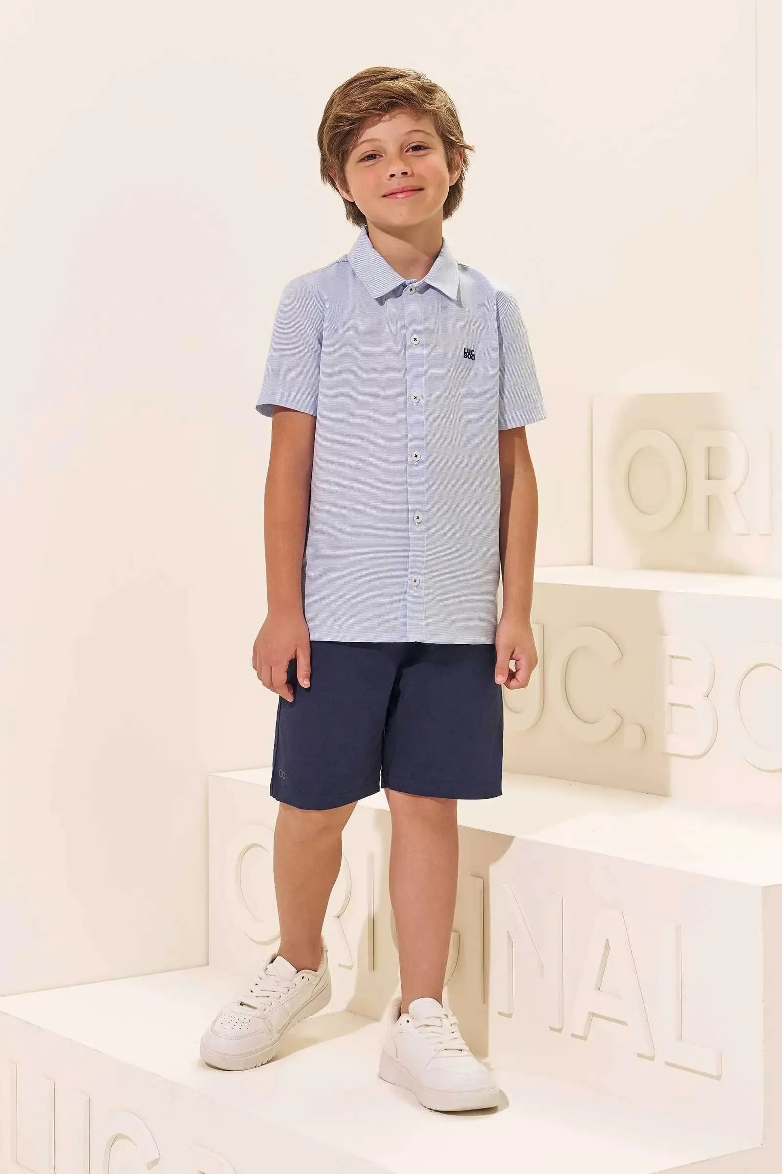 Conjunto de Camisa em Tecido Camisaria Chianti e Bermuda em Sarja Girassol com Elastano 97330 LucBoo Infantil Menino