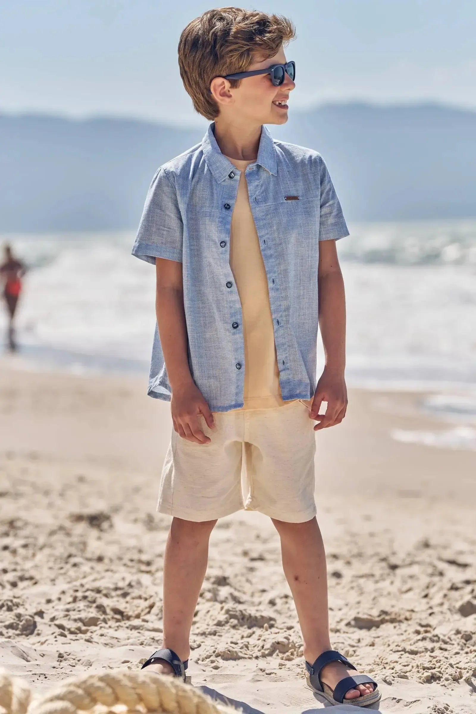 Conjunto de Camisa em Tecido Verano Chambray e Bermuda e Linho Santorine com Elastano 83401 LucBoo Infantil Menino