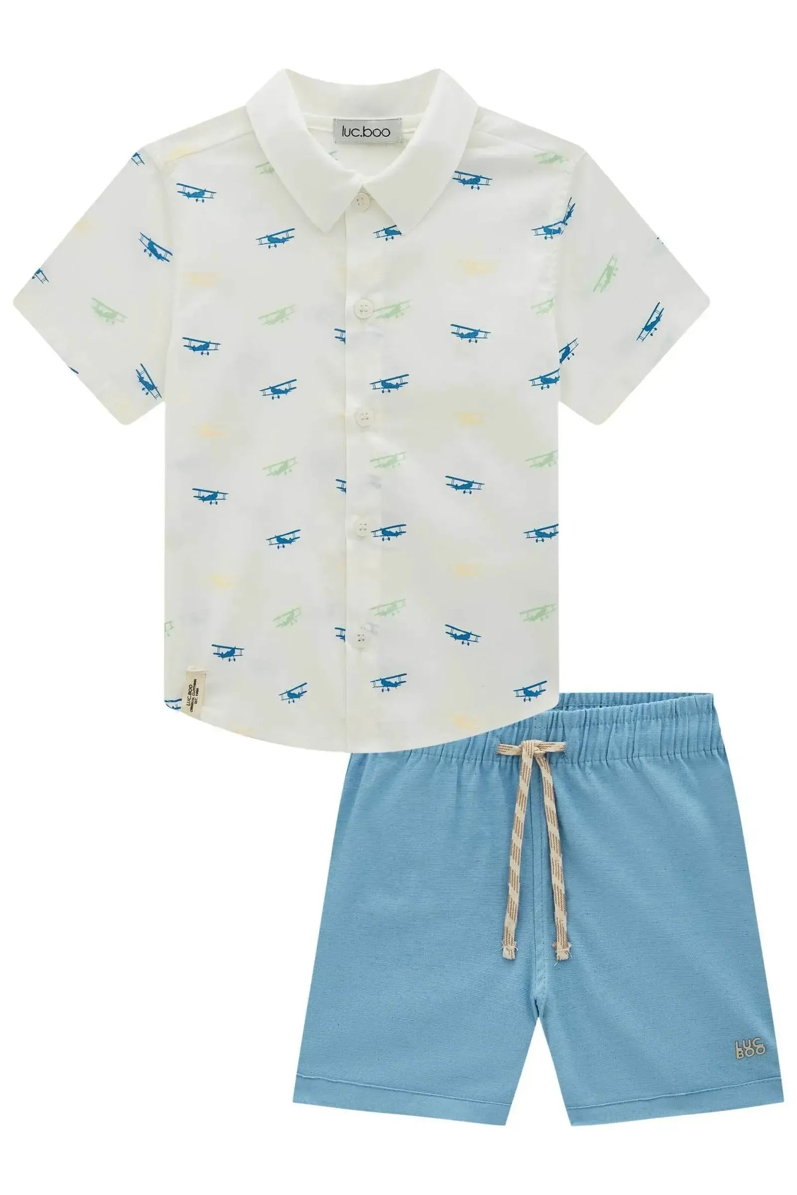 Conjunto de Camisa em Tricoline com Elastano e Bermuda em Linho Santorine com Elastano 94550 LucBoo Infantil Menino