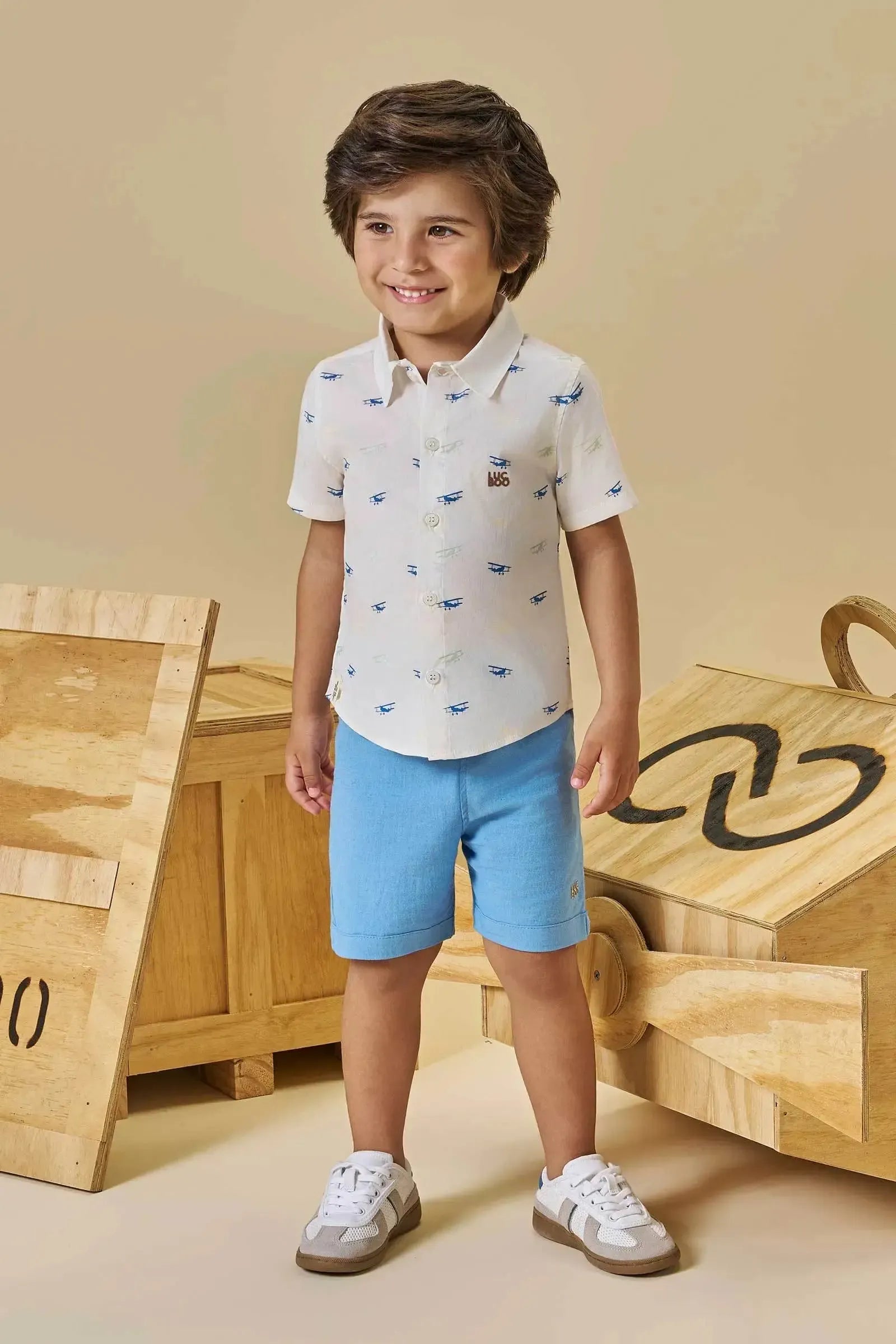 Conjunto de Camisa em Tricoline com Elastano e Bermuda em Linho Santorine com Elastano 94550 LucBoo Infantil Menino