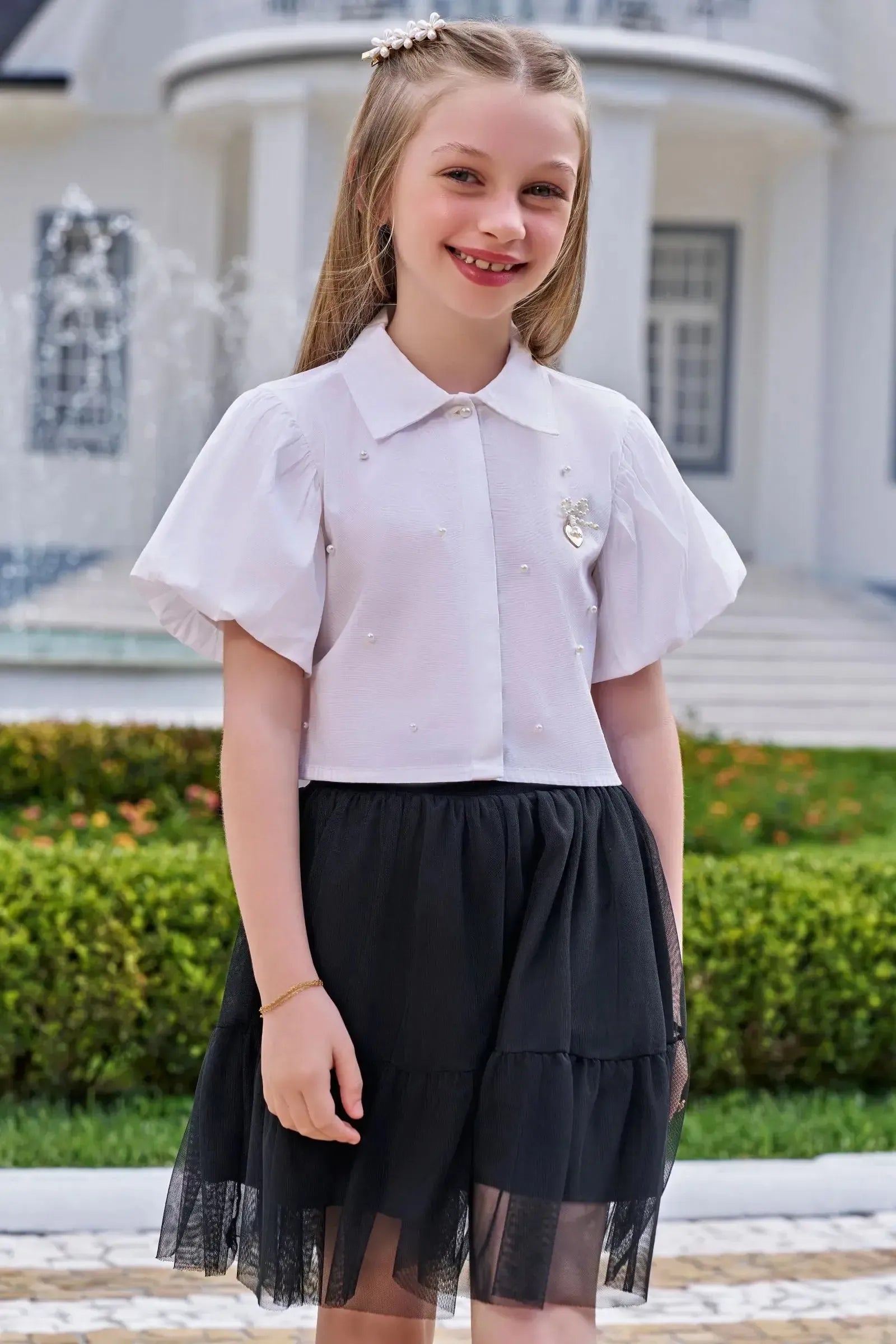 Conjunto de Camisa em Tricoline com Elastano e Saia em Tule. Com Shorts Embutido 97193 Infanti Infantil Menina