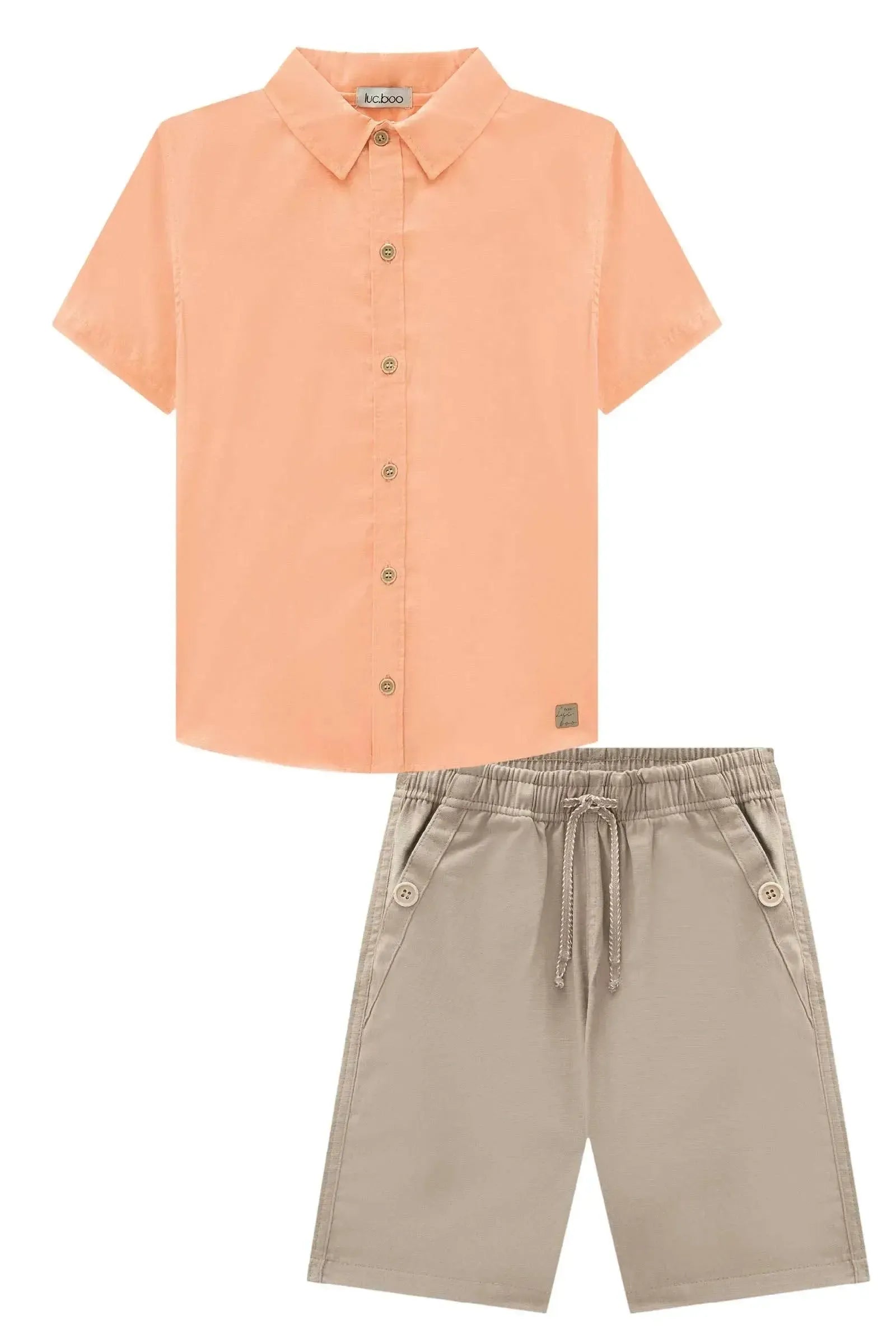 Conjunto de Camisa em Tricoline Mesclado e Bermuda em Linho Deluxe com Elastano 90425 LucBoo Infantil Menino