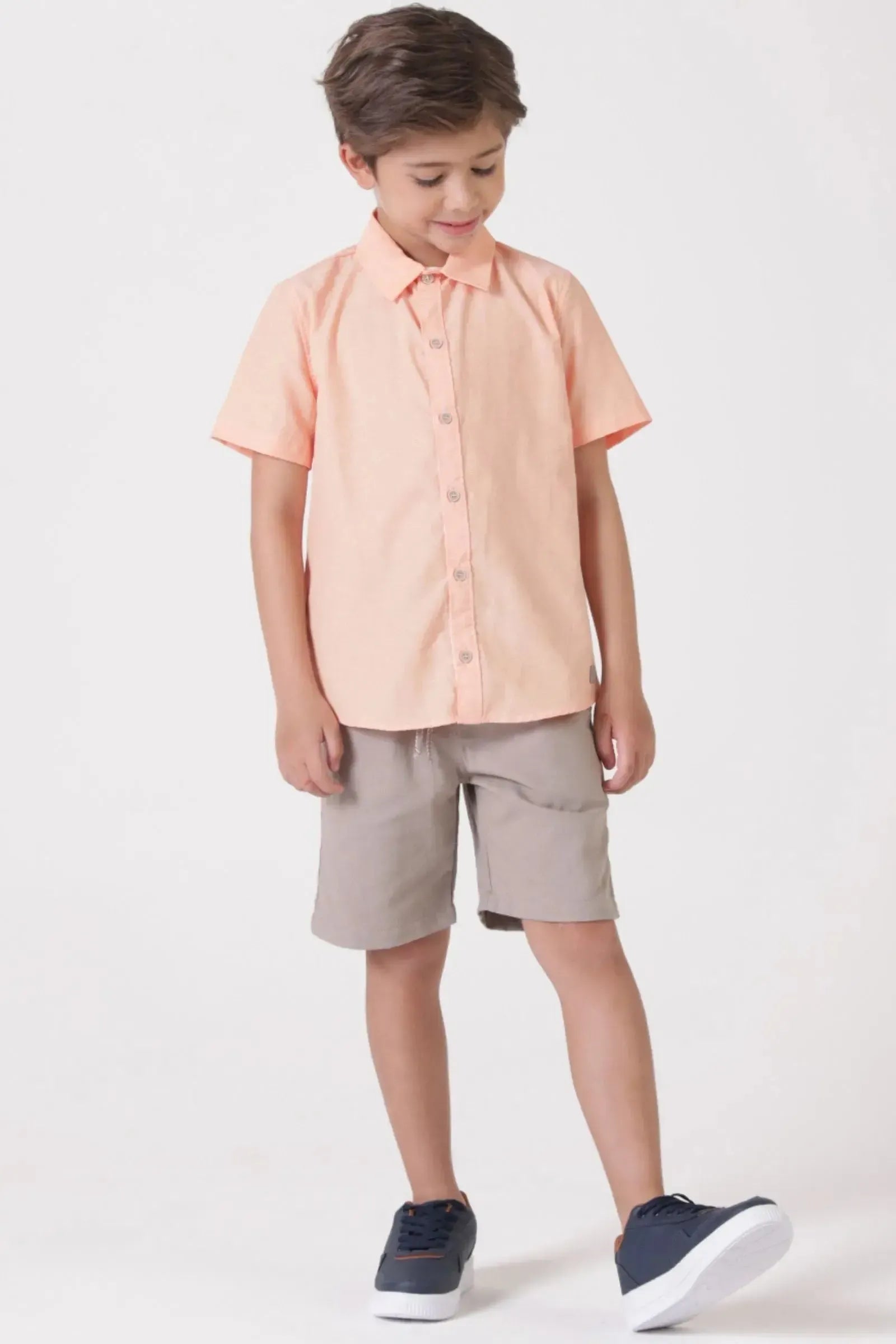 Conjunto de Camisa em Tricoline Mesclado e Bermuda em Linho Deluxe com Elastano 90425 LucBoo Infantil Menino