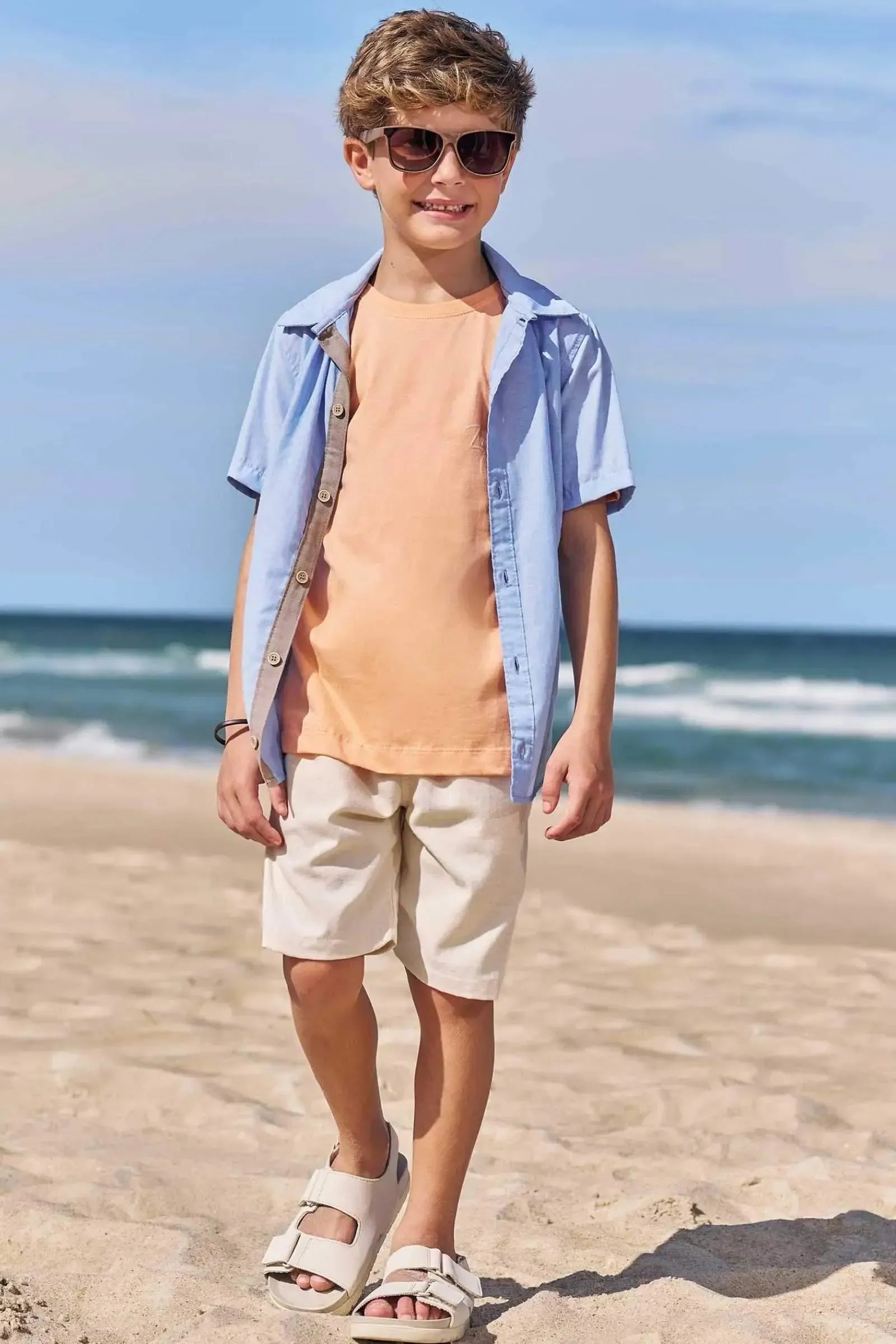 Conjunto de Camisa em Tricoline Mesclado e Bermuda em Linho Santorine com Elastano 87571 LucBoo Infantil Menino