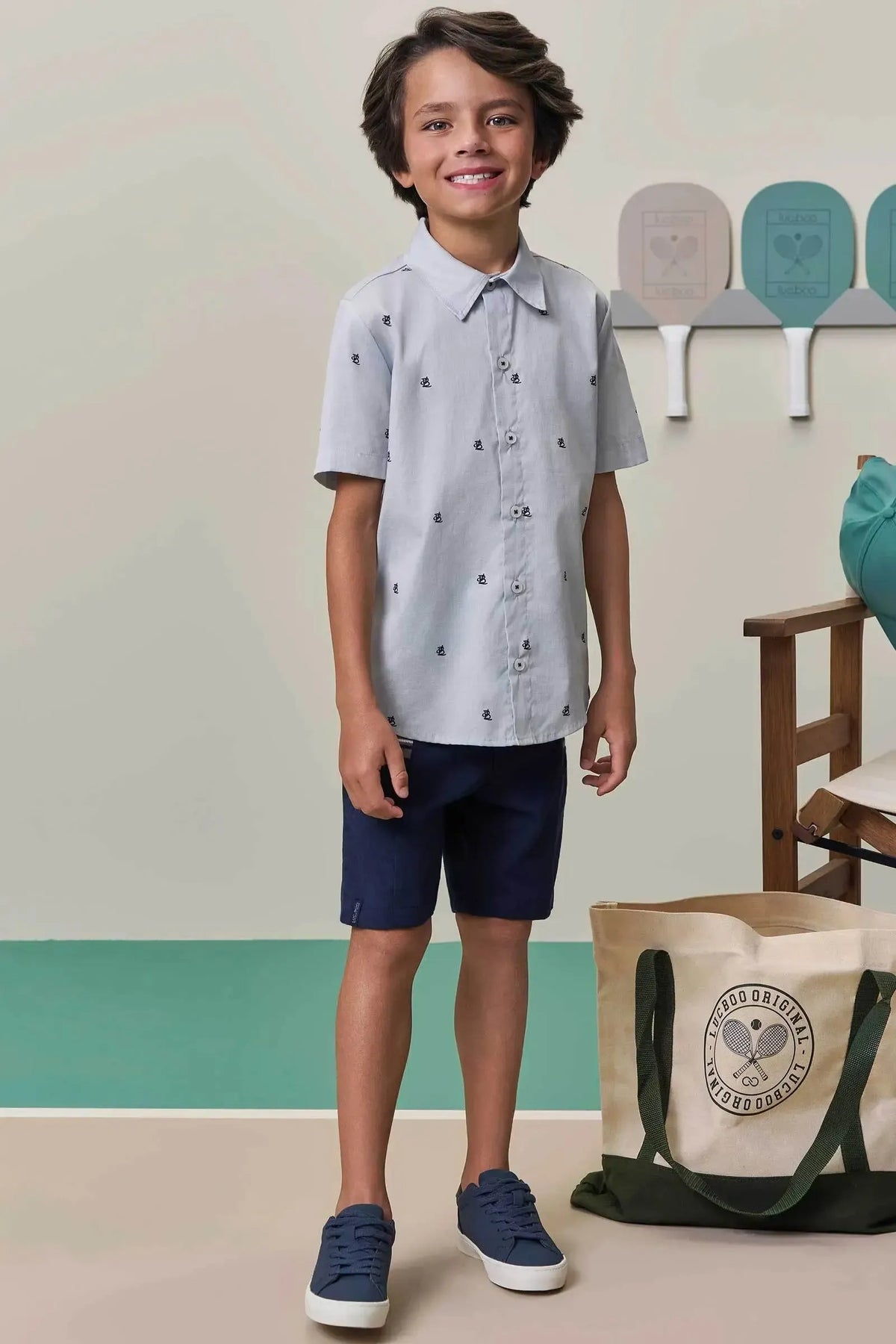 Conjunto de Camisa em Tricoline Mônaco e Bermuda em Sarja Girassol com Elastano 98465 LucBoo Infantil Menino