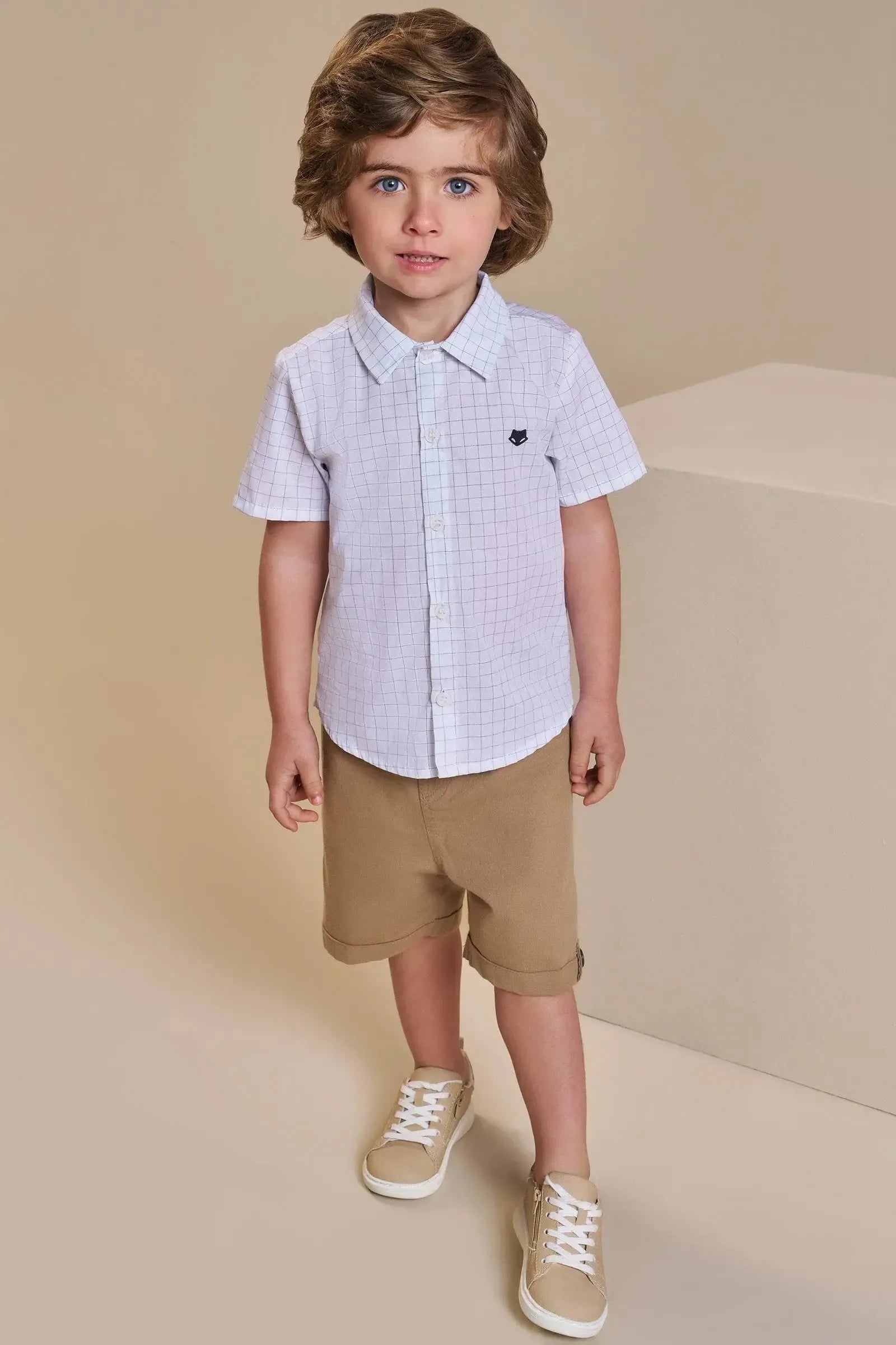 Conjunto de Camisa em Tricoline Urban Xadrez e Bermuda em Sarja Girassol com Elastano 93037 Johnny Fox Bebê Menino
