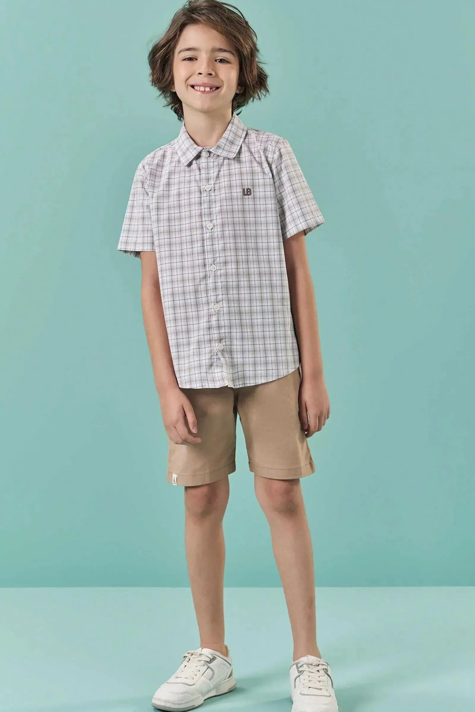Conjunto de Camisa em Tricoline Xadrez com Elast. e Bermuda em Linho Santorine com Elastano 82838 LucBoo Infantil Menino
