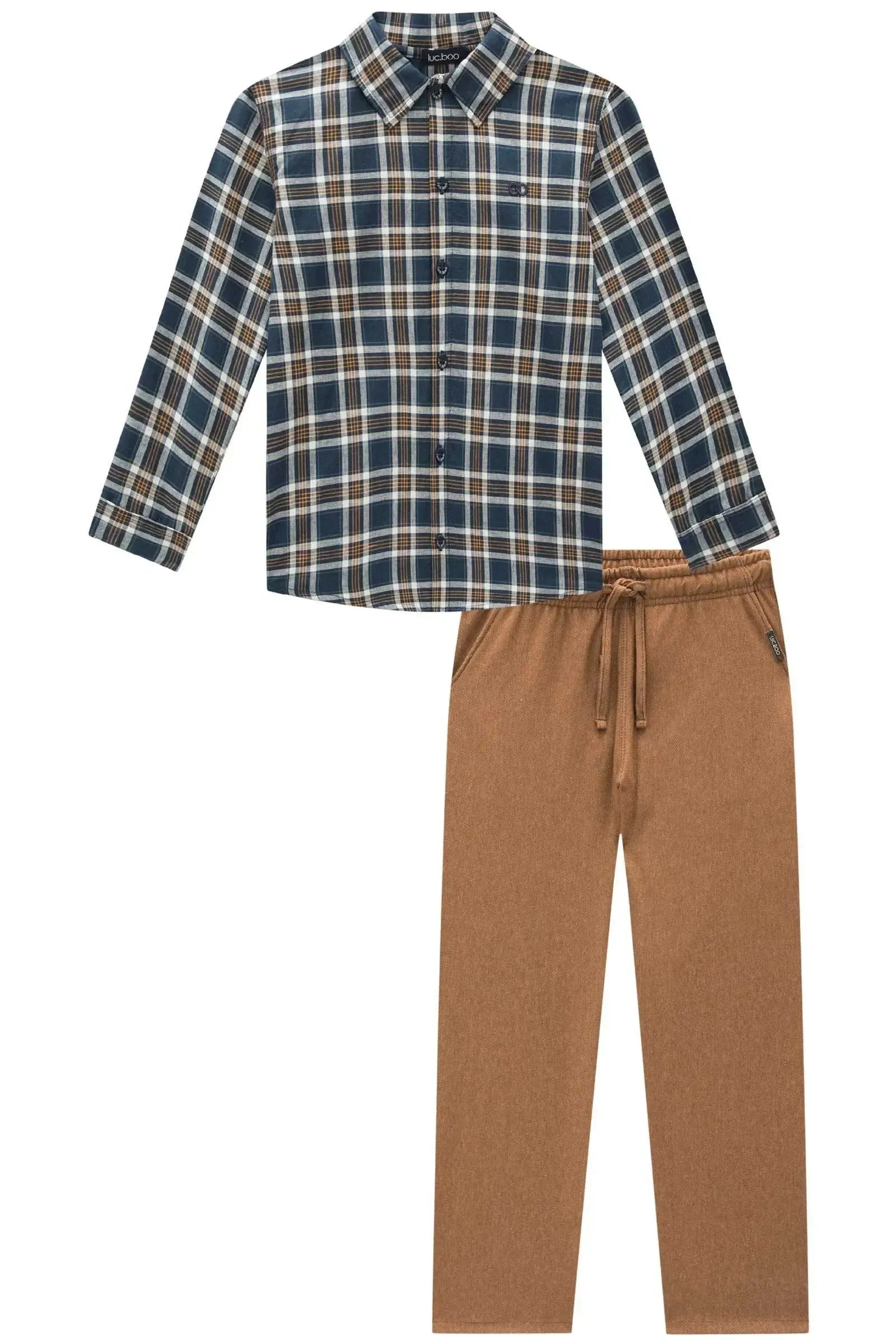 Conjunto de Camisa em Tricoline Xadrez e Calça Skinny em Cotton Jeans com Elastano 89898 LucBoo Infantil Menino