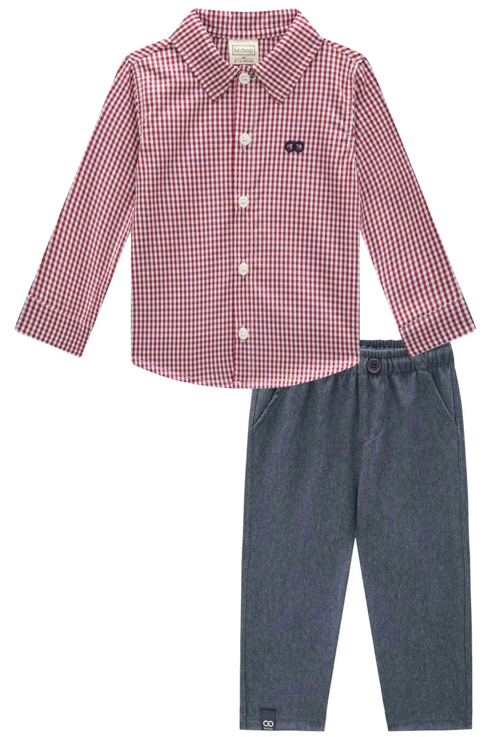 Conjunto de Camisa em Tricoline Xadrez e Calça Skinny em Cotton Jeans com Elastano 92088 LucBoo Bebê Menino